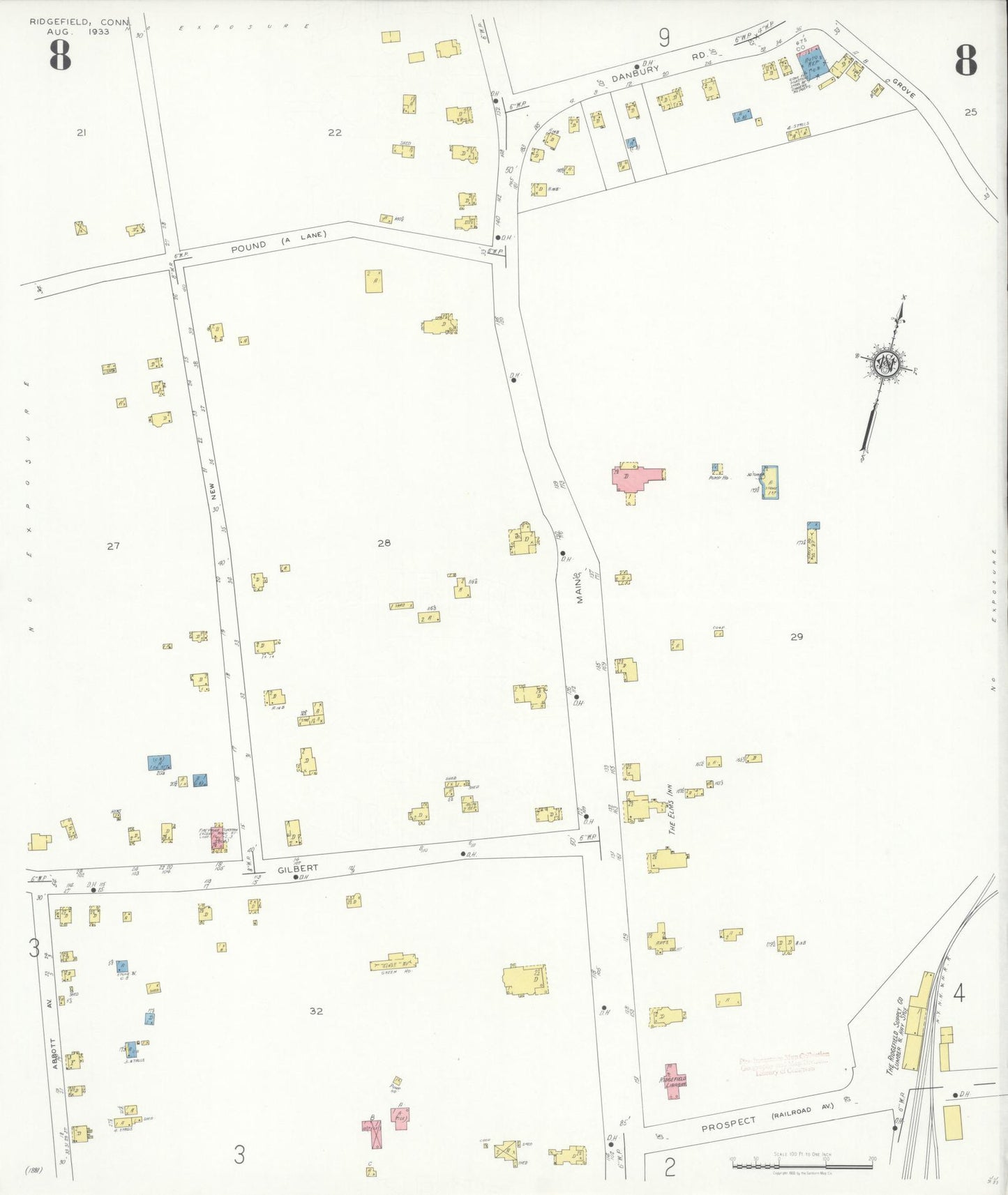 Sanborn Fire Insurance Map from Ridgefield, Fairfield County, Connecticut (1933), Sheet #0008 - Complete Map Set gallery image, historic Sanborn map, vintage wall art, Connecticut Connecticut