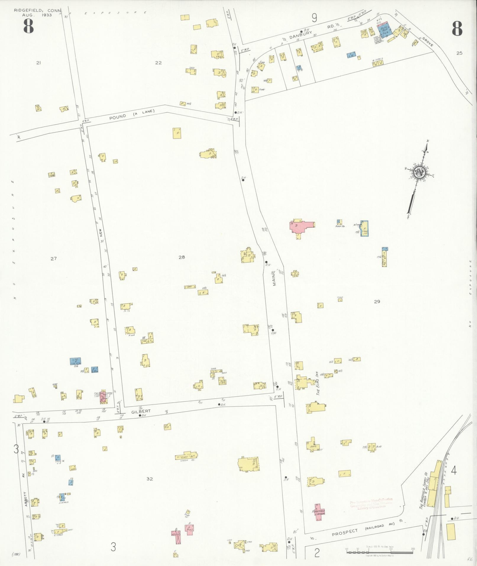 Sanborn Fire Insurance Map from Ridgefield, Fairfield County, Connecticut (1933), Sheet #0008 - Complete Map Set gallery image, historic Sanborn map, vintage wall art, Connecticut Connecticut