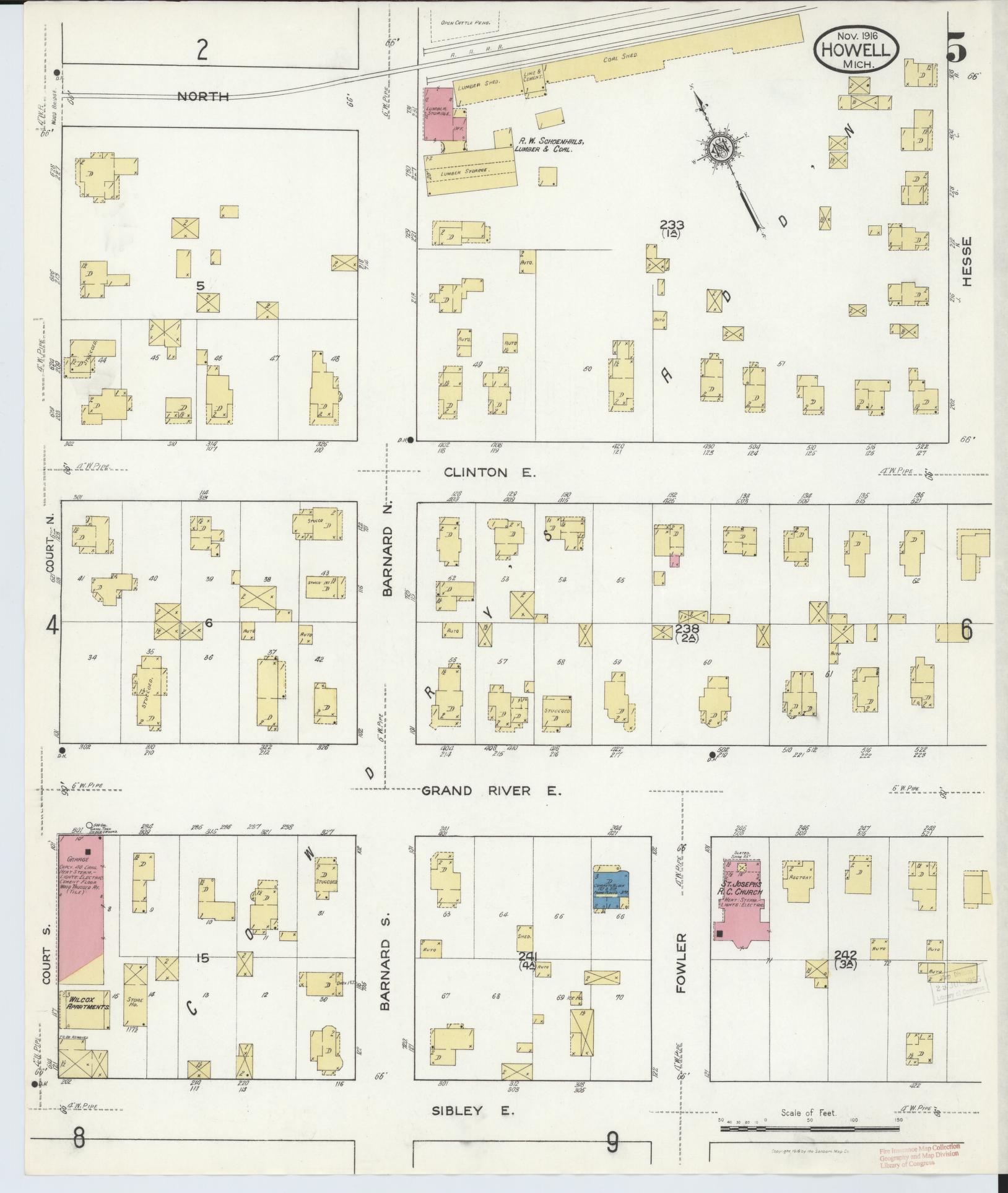 Sanborn Fire Insurance Map from Howell, Livingston County, Michigan (1916), Sheet #0005 - Complete Map Set gallery image, historic Sanborn map, vintage wall art, Michigan Michigan