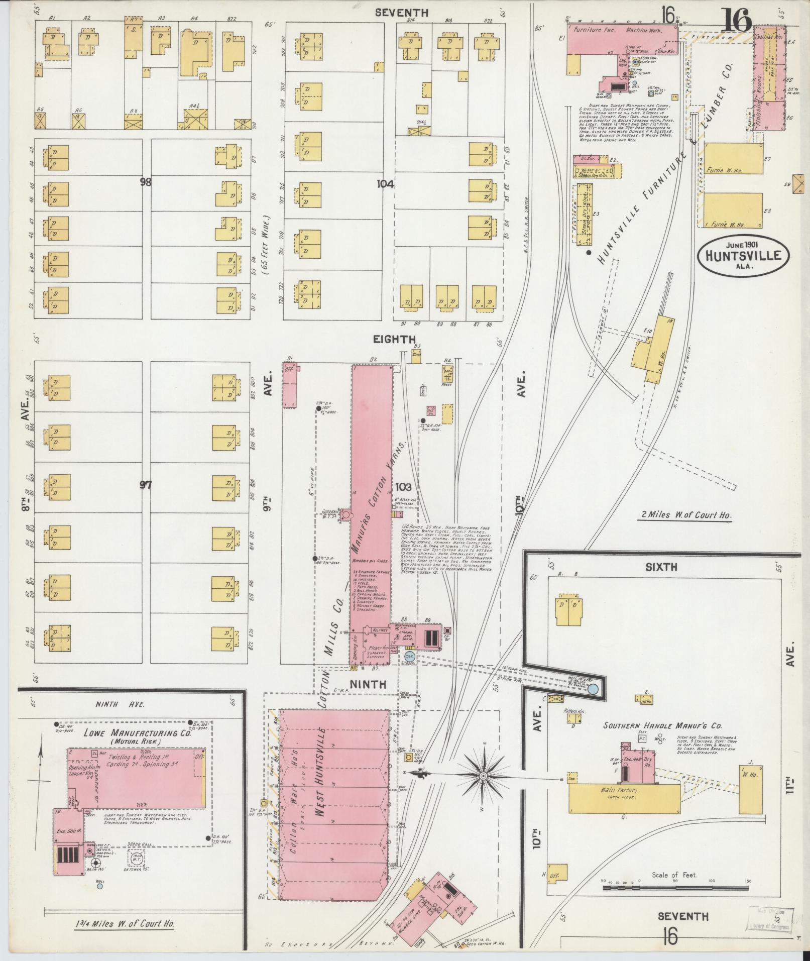 Sanborn Fire Insurance Map from Huntsville, Madison County, Alabama (1901), Sheet #0016 - Historic Sanborn Fire Insurance Map Print, vintage old map wall art, antique decor, genealogy gift, Alabama Alabama map