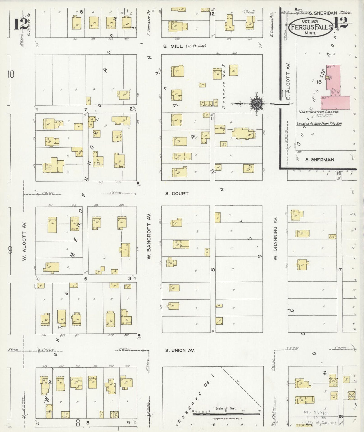 Sanborn Fire Insurance Map from Fergus Falls, Otter Tail County, Minnesota (1924), Sheet #0012 - Historic Sanborn Fire Insurance Map Print, vintage old map wall art, antique decor, genealogy gift, Minnesota Minnesota map