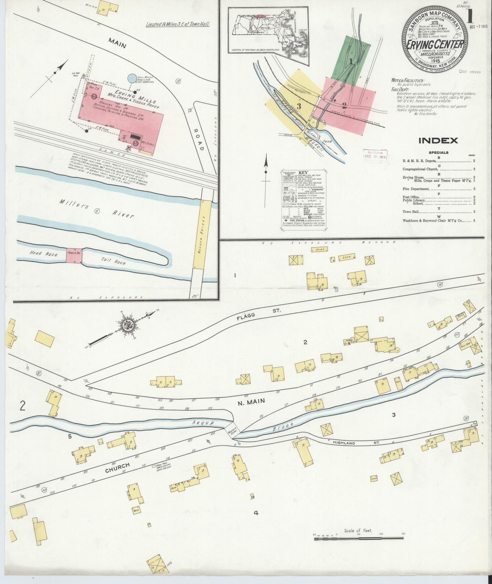 Sanborn Fire Insurance Map from Erving Center, Franklin County, Massachusetts (1915), Sheet #0001 - Historic Sanborn Fire Insurance Map Print, vintage old map wall art, antique decor, genealogy gift, Massachusetts Massachusetts map