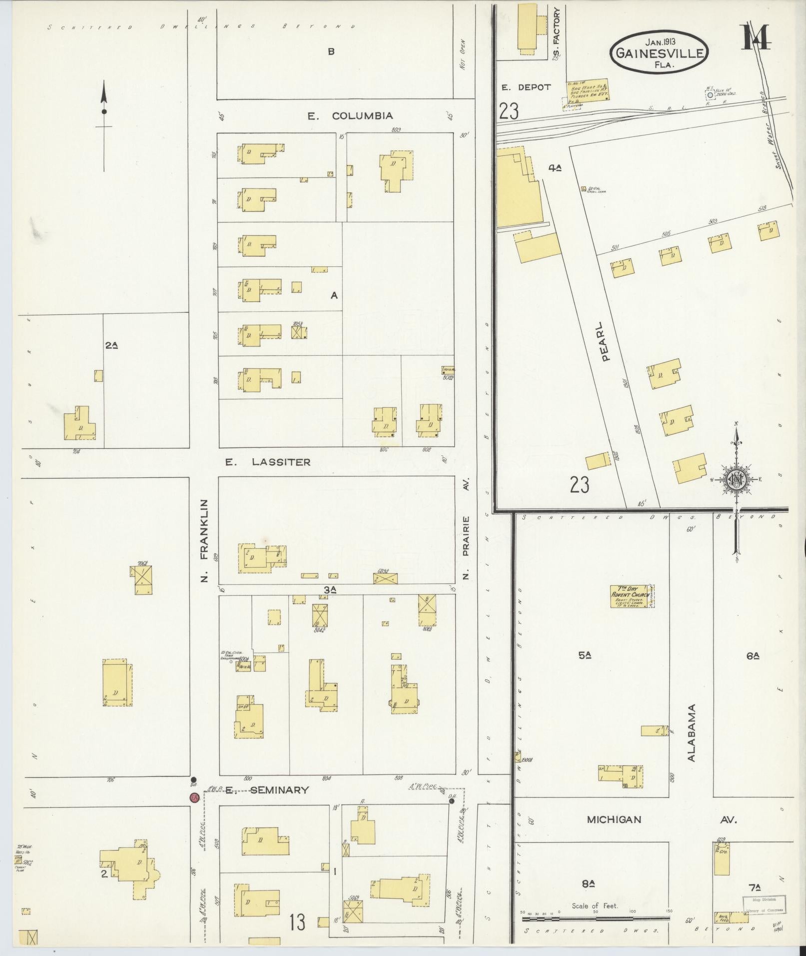 Sanborn Fire Insurance Map from Gainesville, Alachua County, Florida (1913), Sheet #0014 - Historic Sanborn Fire Insurance Map Print, vintage old map wall art, antique decor, genealogy gift, Florida Florida map