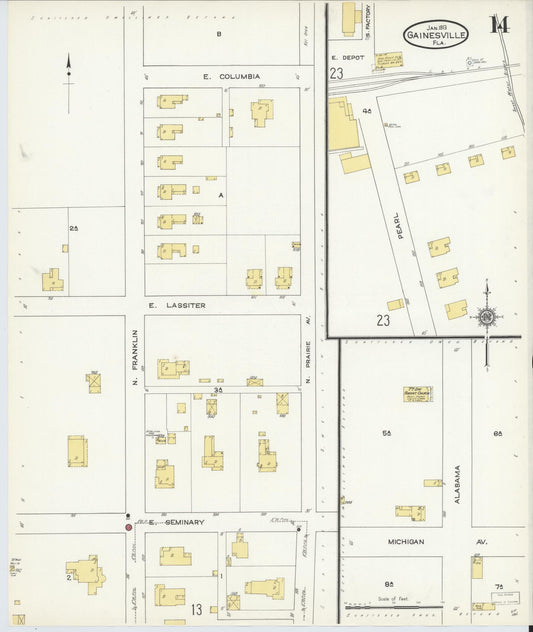 Sanborn Fire Insurance Map from Gainesville, Alachua County, Florida (1913), Sheet #0014 - Historic Sanborn Fire Insurance Map Print, vintage old map wall art, antique decor, genealogy gift, Florida Florida map