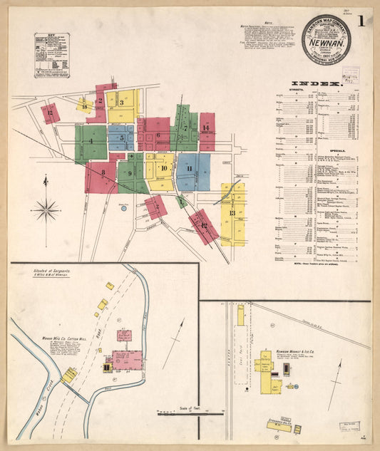 Sanborn Fire Insurance Map from Newnan, Coweta County, Georgia (1906), Sheet #0001 - Historic Sanborn Fire Insurance Map Print, vintage old map wall art, antique decor, genealogy gift, Georgia Georgia map
