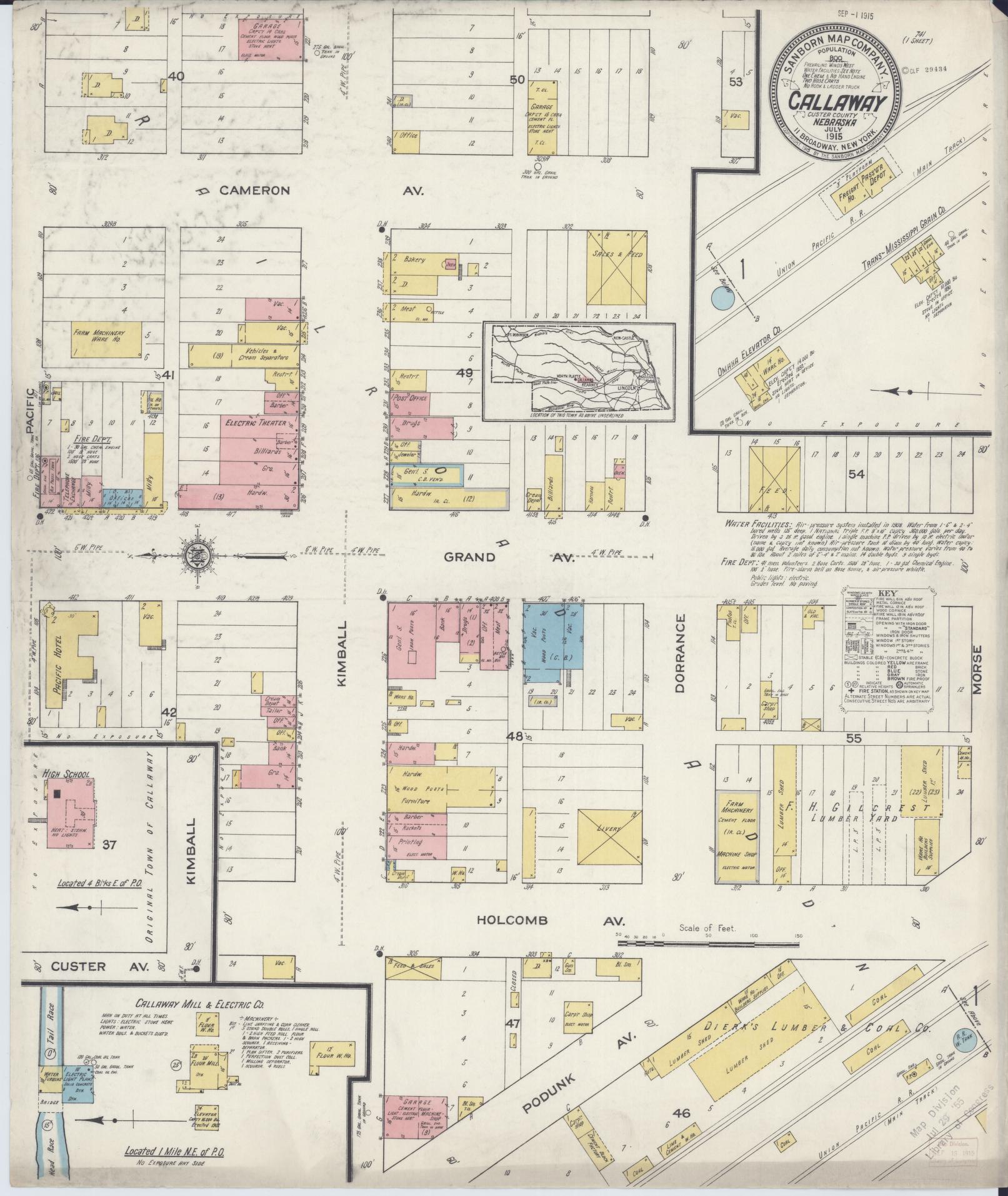 Sanborn Fire Insurance Map from Callaway, Custer County, Nebraska (1915), Sheet #0001 - Historic Sanborn Fire Insurance Map Print, vintage old map wall art, antique decor, genealogy gift, Nebraska Nebraska map
