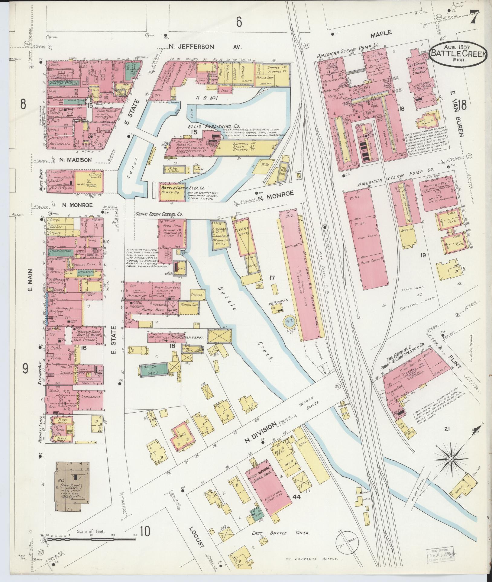 Sanborn Fire Insurance Map from Battle Creek, Calhoun County, Michigan (1907), Sheet #0007 - Historic Sanborn Fire Insurance Map Print, vintage old map wall art, antique decor, genealogy gift, Michigan Michigan map