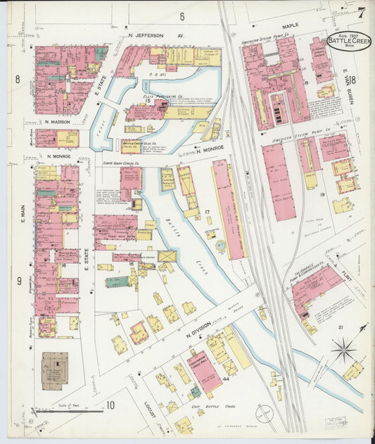 Sanborn Fire Insurance Map from Battle Creek, Calhoun County, Michigan (1907), Sheet #0007 - Historic Sanborn Fire Insurance Map Print, vintage old map wall art, antique decor, genealogy gift, Michigan Michigan map