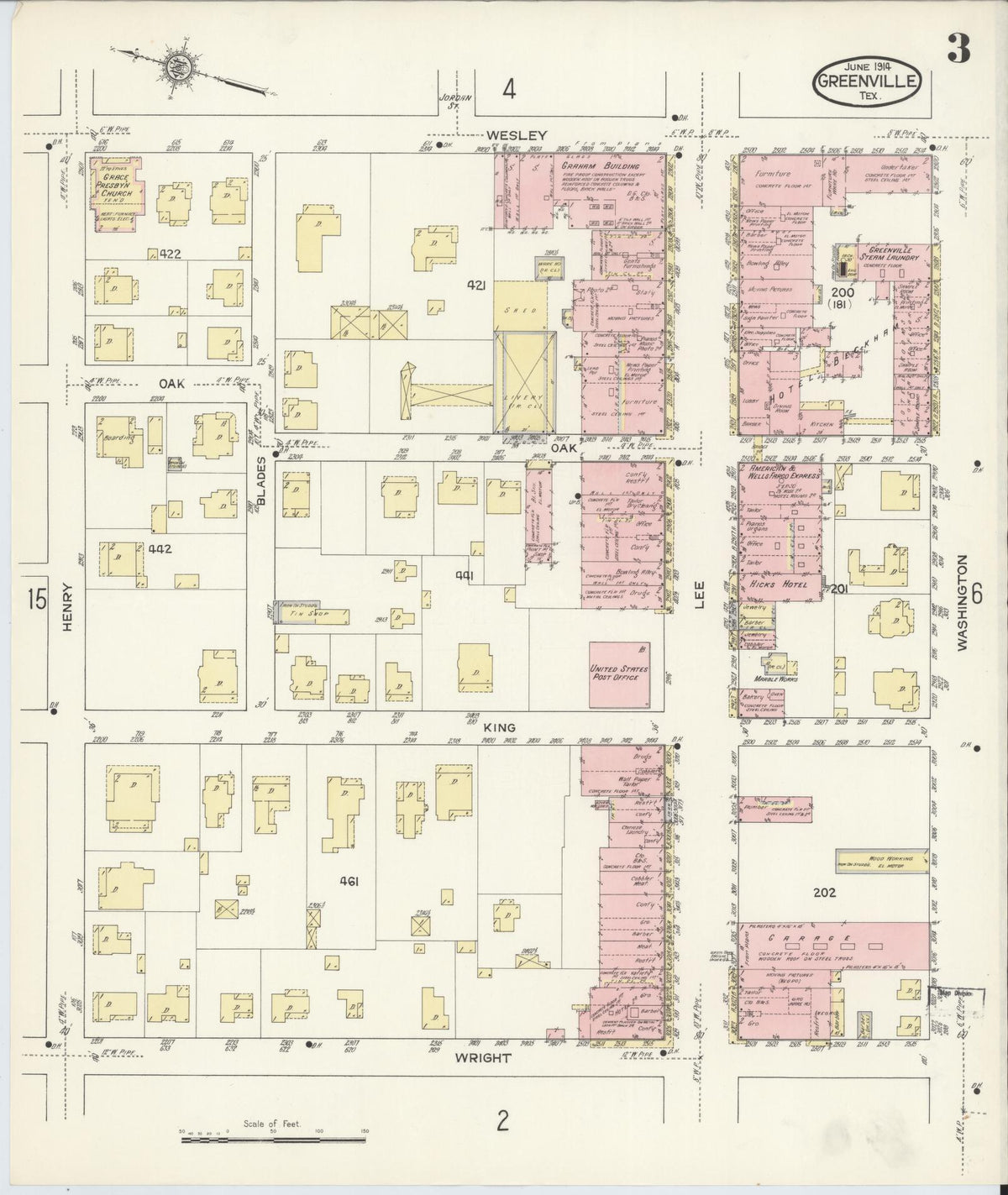 Sanborn Fire Insurance Map from Greenville, Hunt County, Texas (1914), Sheet #0003 - Complete Map Set gallery image, historic Sanborn map, vintage wall art, Texas Texas