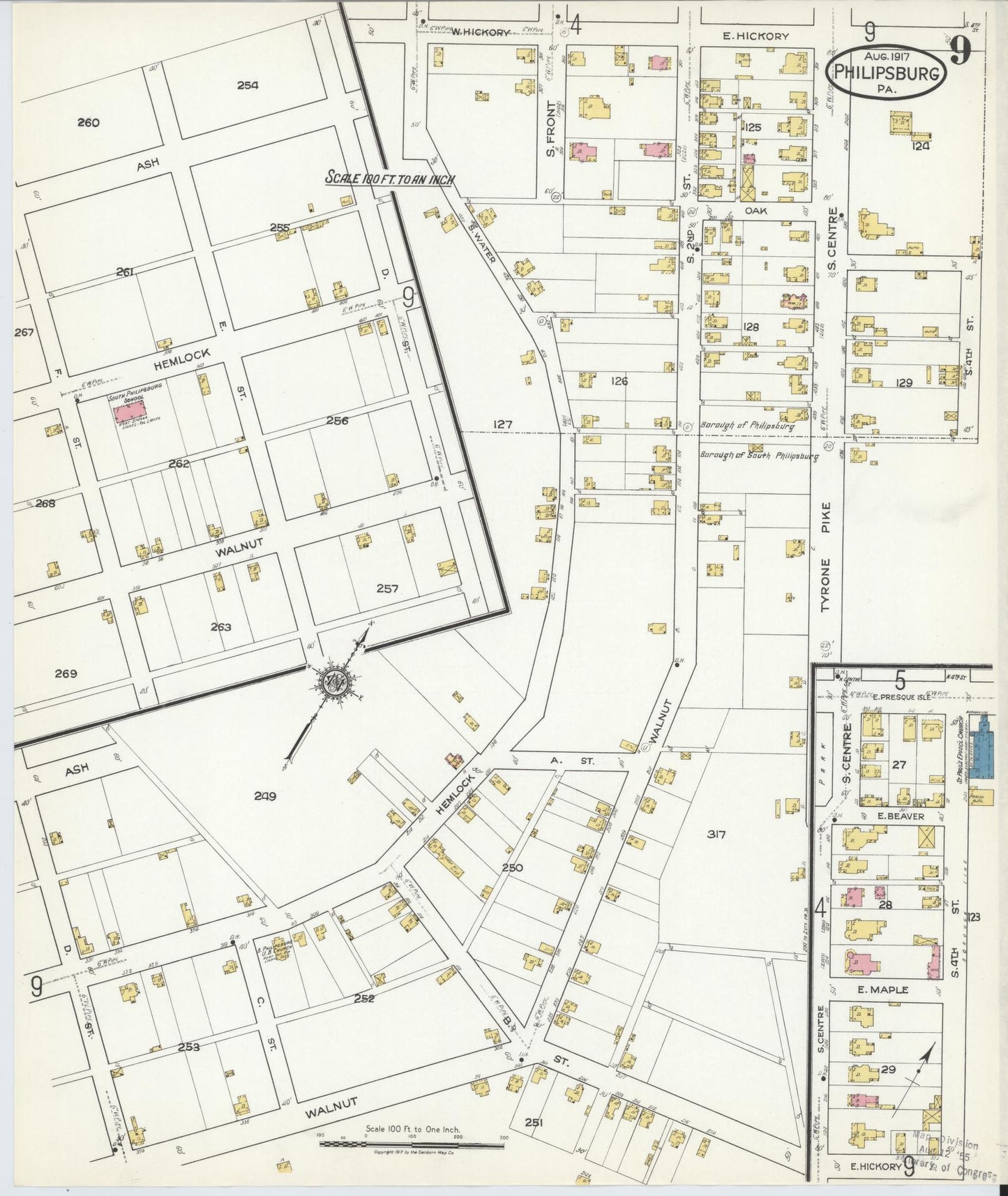 Sanborn Fire Insurance Map from Philipsburg, Centre County, Pennsylvania (1917), Sheet #0009 - Historic Sanborn Fire Insurance Map Print, vintage old map wall art, antique decor, genealogy gift, Pennsylvania Pennsylvania map