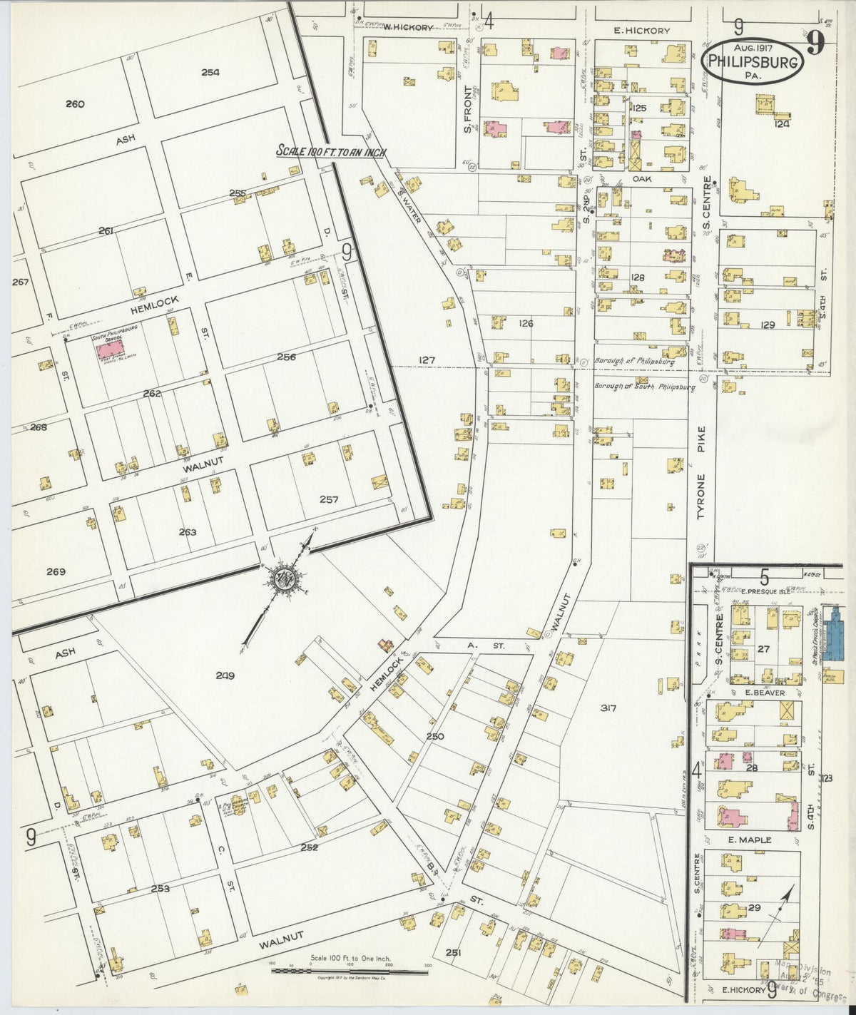 Sanborn Fire Insurance Map from Philipsburg, Centre County, Pennsylvania (1917), Sheet #0009 - Historic Sanborn Fire Insurance Map Print, vintage old map wall art, antique decor, genealogy gift, Pennsylvania Pennsylvania map