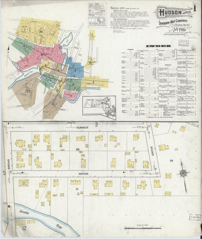 Sanborn Fire Insurance Map from Hudson, Middlesex County, Massachusetts (1916), Sheet #0001 - Historic Sanborn Fire Insurance Map Print, vintage old map wall art, antique decor, genealogy gift, Massachusetts Massachusetts map
