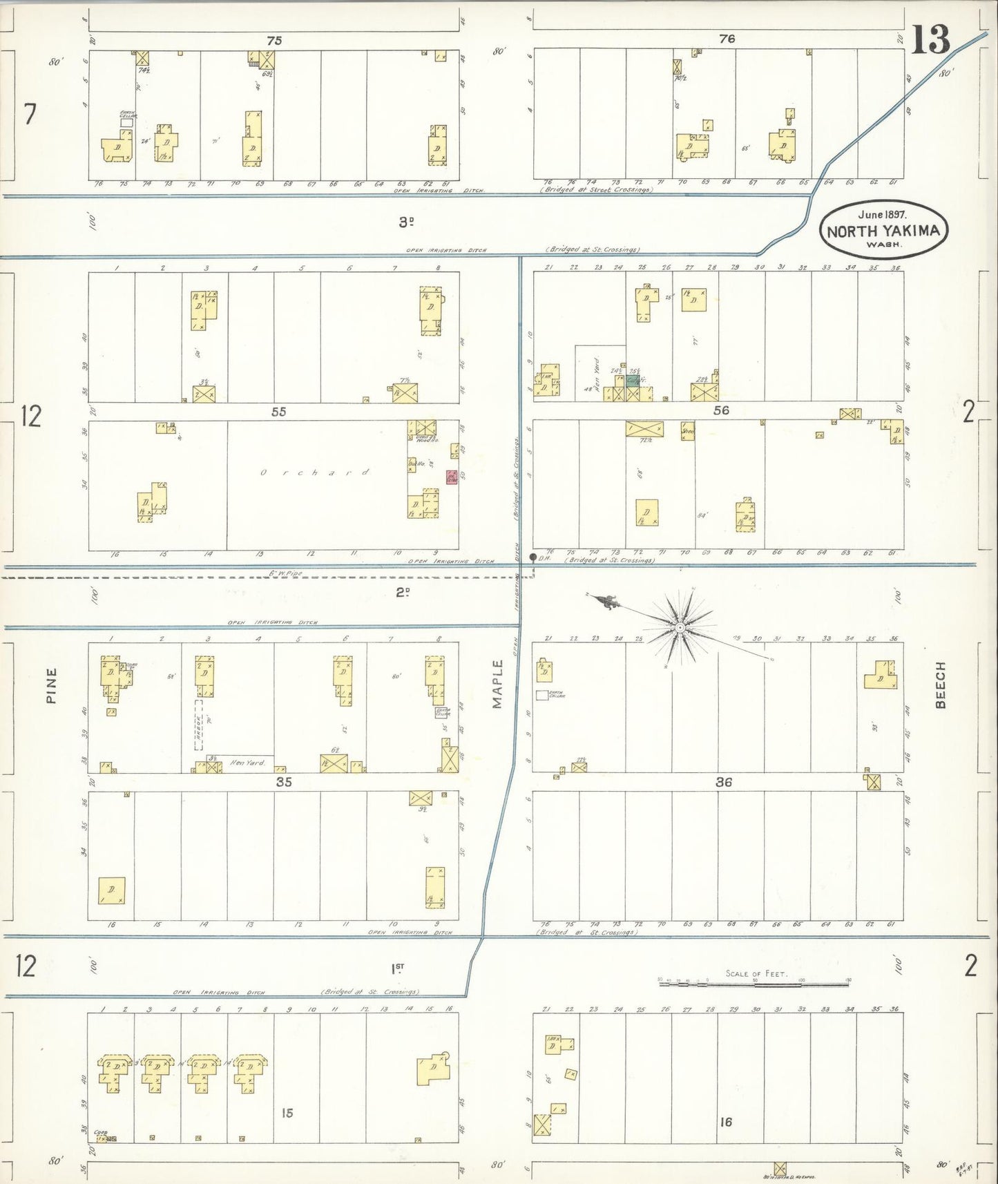Sanborn Fire Insurance Map from North Yakima, Yakima County, Washington (1897), Sheet #0013 - Complete Map Set gallery image, historic Sanborn map, vintage wall art, Washington Washington
