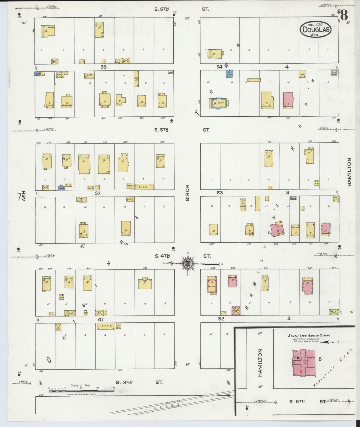 Sanborn Fire Insurance Map from Douglas, Converse County, Wyoming (1920), Sheet #0008 - Historic Sanborn Fire Insurance Map Print, vintage old map wall art, antique decor, genealogy gift, Wyoming Wyoming map