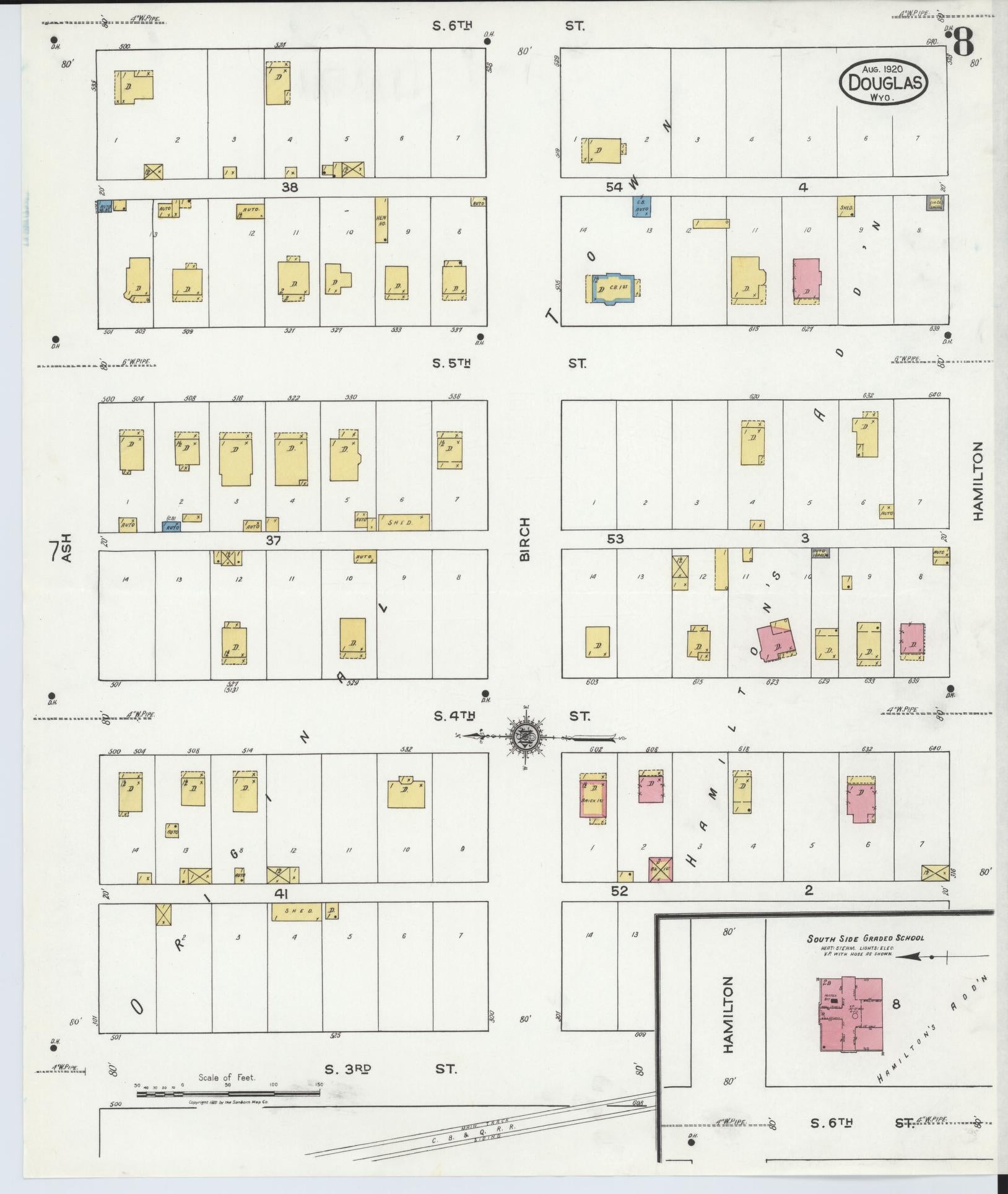 Sanborn Fire Insurance Map from Douglas, Converse County, Wyoming (1920), Sheet #0008 - Historic Sanborn Fire Insurance Map Print, vintage old map wall art, antique decor, genealogy gift, Wyoming Wyoming map