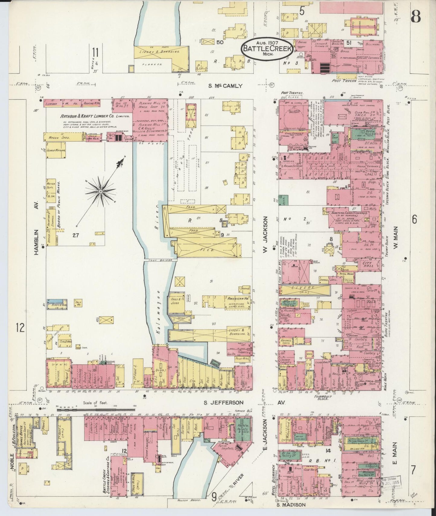 Sanborn Fire Insurance Map from Battle Creek, Calhoun County, Michigan (1907), Sheet #0008 - Historic Sanborn Fire Insurance Map Print, vintage old map wall art, antique decor, genealogy gift, Michigan Michigan map
