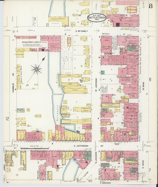 Sanborn Fire Insurance Map from Battle Creek, Calhoun County, Michigan (1907), Sheet #0008 - Historic Sanborn Fire Insurance Map Print, vintage old map wall art, antique decor, genealogy gift, Michigan Michigan map