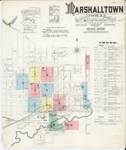 Sanborn Fire Insurance Map from Marshalltown, Marshall County, Iowa (1888), Sheet #0001 - Historic Sanborn Fire Insurance Map Print, vintage old map wall art