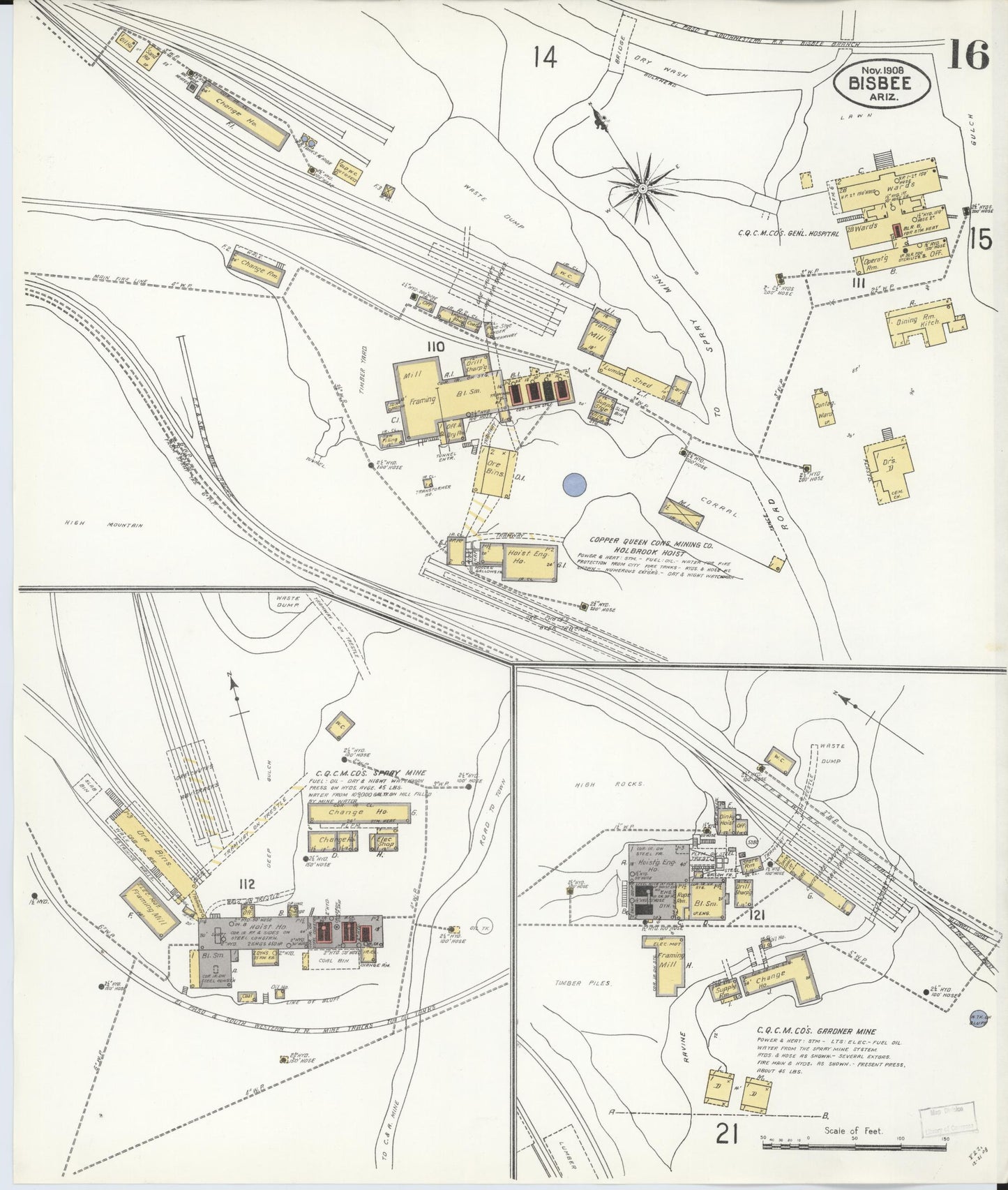 Sanborn Fire Insurance Map from Bisbee, Cochise County, Arizona (1908), Sheet #0016 - Complete Map Set gallery image, historic Sanborn map, vintage wall art, Arizona Arizona
