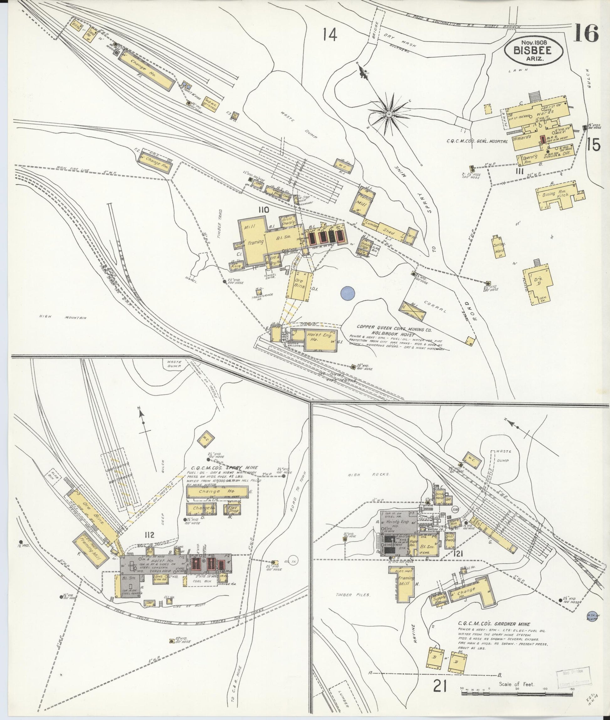 Sanborn Fire Insurance Map from Bisbee, Cochise County, Arizona (1908), Sheet #0016 - Complete Map Set gallery image, historic Sanborn map, vintage wall art, Arizona Arizona