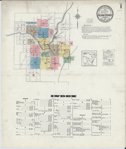 Sanborn Fire Insurance Map from Siloam Springs, Benton County, Arkansas (1914), Sheet #0001 - Complete Map Set gallery image, historic Sanborn map, vintage wall art, Arkansas Arkansas