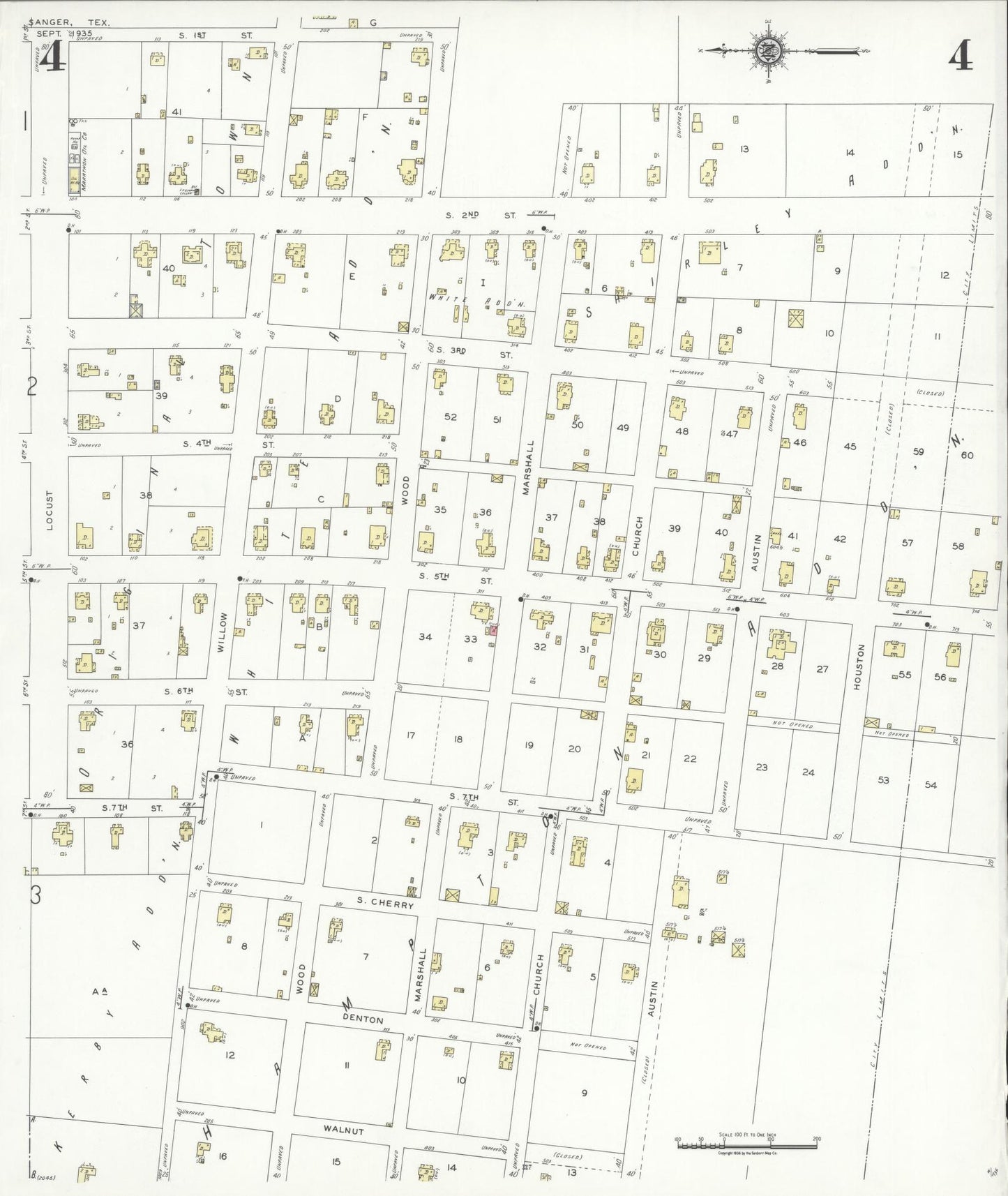 Sanborn Fire Insurance Map from Sanger, Denton County, Texas (1935), Sheet #0004 - Complete Map Set gallery image, historic Sanborn map, vintage wall art, Texas Texas