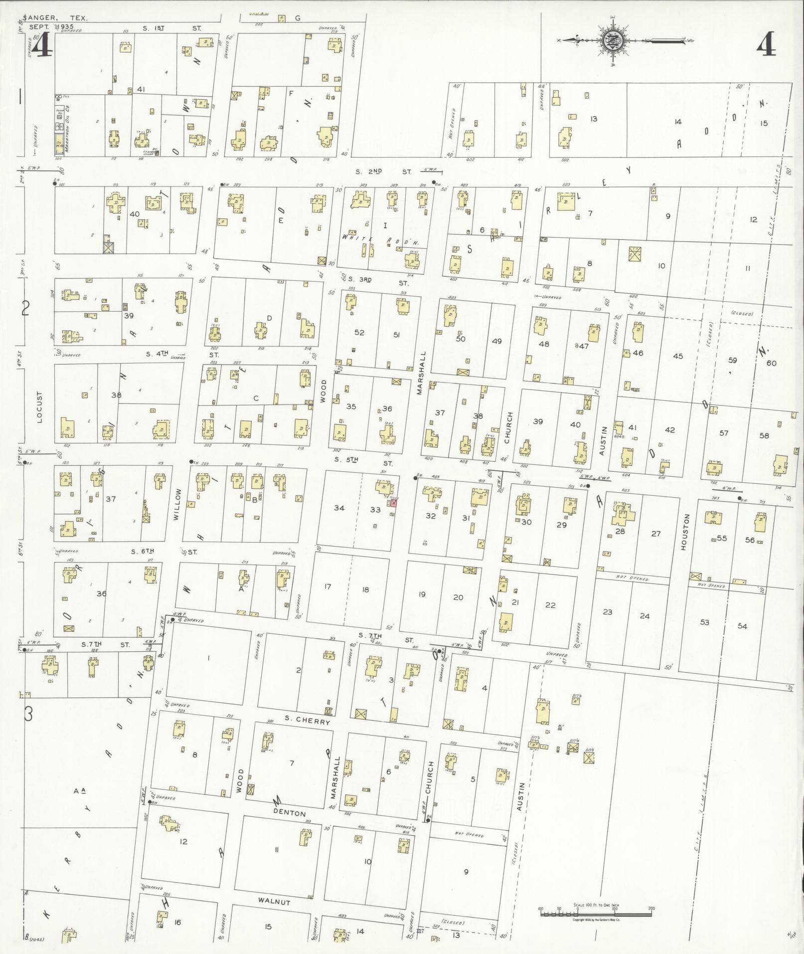 Sanborn Fire Insurance Map from Sanger, Denton County, Texas (1935), Sheet #0004 - Complete Map Set gallery image, historic Sanborn map, vintage wall art, Texas Texas