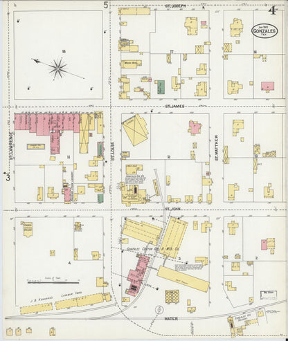 Sanborn Fire Insurance Map from Gonzales, Gonzales County, Texas (1902), Sheet #0004 - Historic Sanborn Fire Insurance Map Print, vintage old map wall art, antique decor, genealogy gift, Texas Texas map