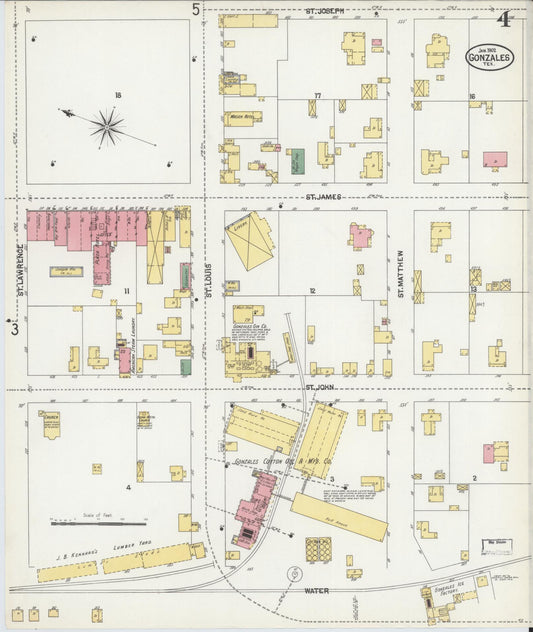 Sanborn Fire Insurance Map from Gonzales, Gonzales County, Texas (1902), Sheet #0004 - Historic Sanborn Fire Insurance Map Print, vintage old map wall art, antique decor, genealogy gift, Texas Texas map