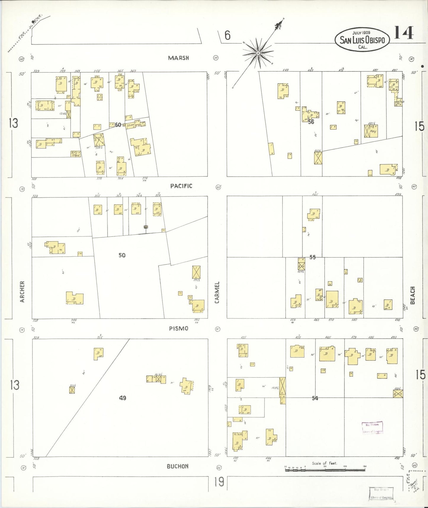 Sanborn Fire Insurance Map from San Luis Obispo, San Luis Obispo County, California (1909), Sheet #0014 - Complete Map Set gallery image, historic Sanborn map, vintage wall art, California California