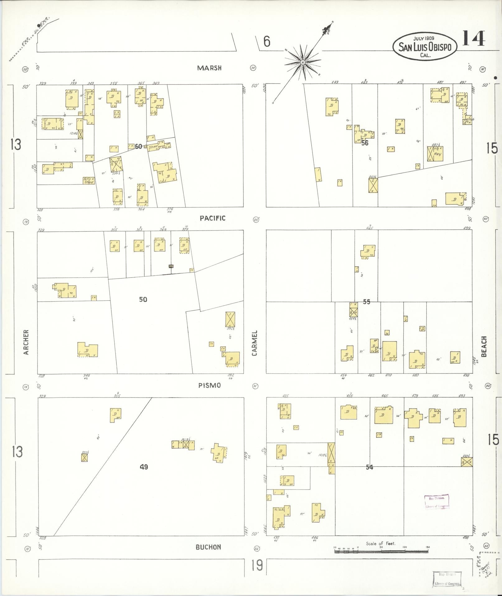 Sanborn Fire Insurance Map from San Luis Obispo, San Luis Obispo County, California (1909), Sheet #0014 - Complete Map Set gallery image, historic Sanborn map, vintage wall art, California California