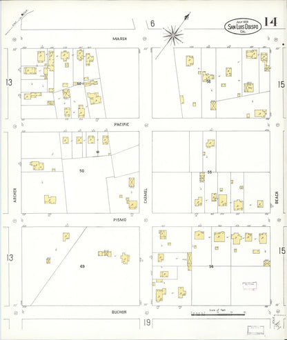 Sanborn Fire Insurance Map from San Luis Obispo, San Luis Obispo County, California (1909), Sheet #0014 - Complete Map Set gallery image, historic Sanborn map, vintage wall art, California California