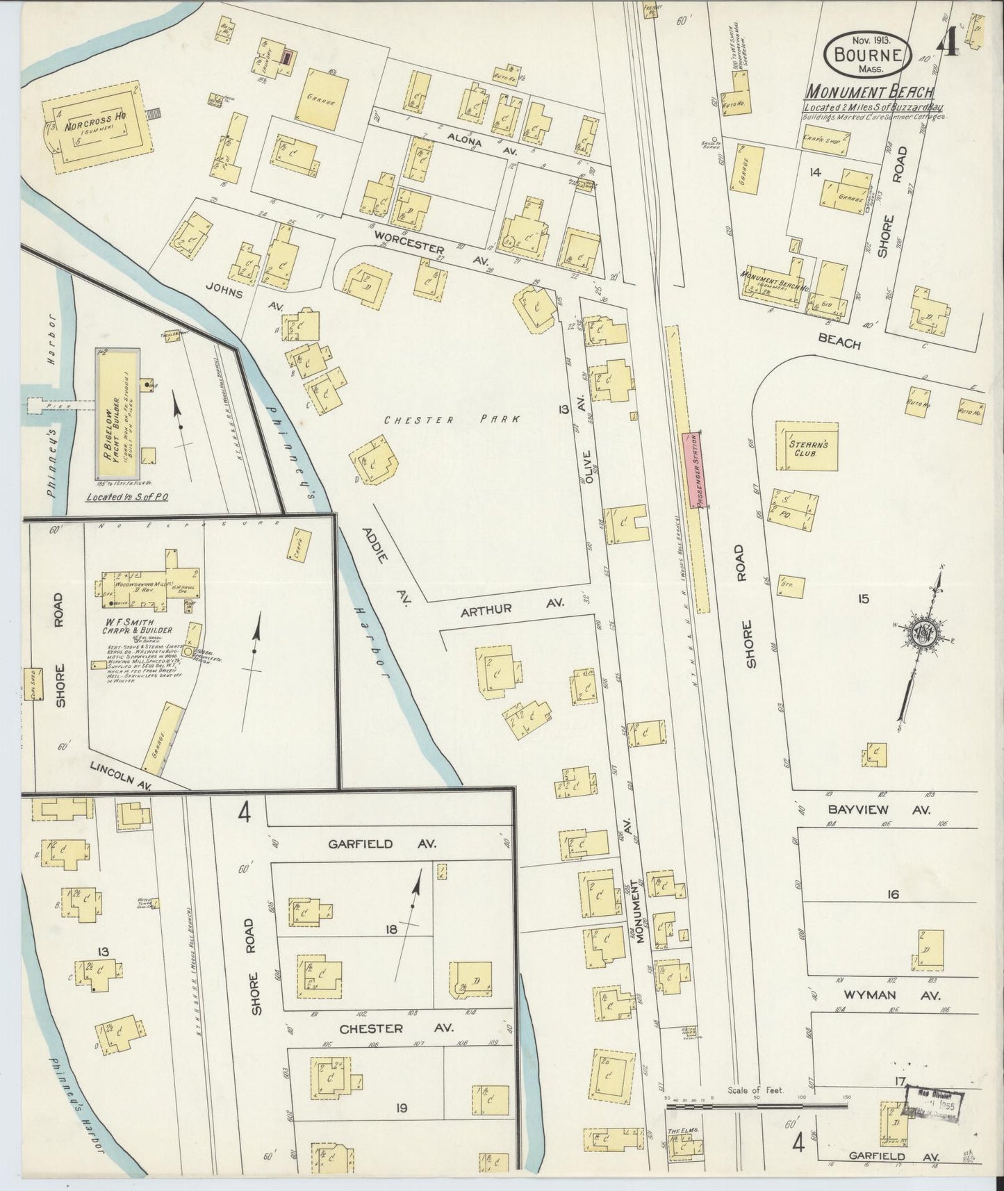 Sanborn Fire Insurance Map from Bourne, Barnstable County, Massachusetts (1913), Sheet #0004 - Historic Sanborn Fire Insurance Map Print, vintage old map wall art, antique decor, genealogy gift, Massachusetts Massachusetts map