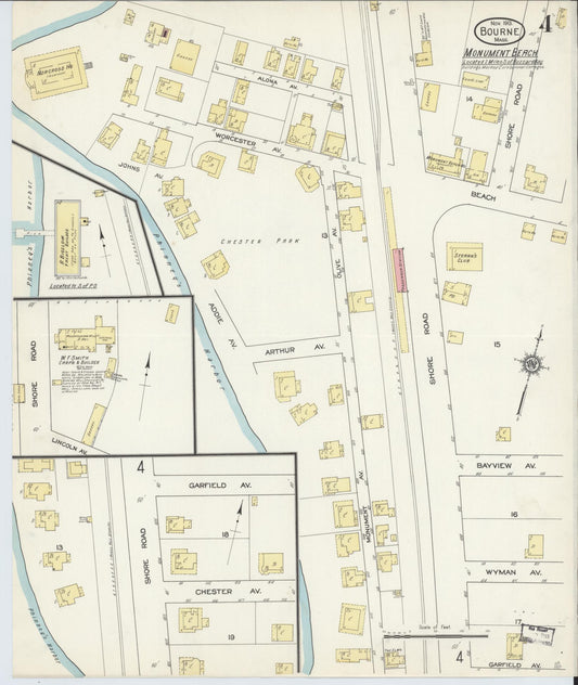 Sanborn Fire Insurance Map from Bourne, Barnstable County, Massachusetts (1913), Sheet #0004 - Historic Sanborn Fire Insurance Map Print, vintage old map wall art, antique decor, genealogy gift, Massachusetts Massachusetts map