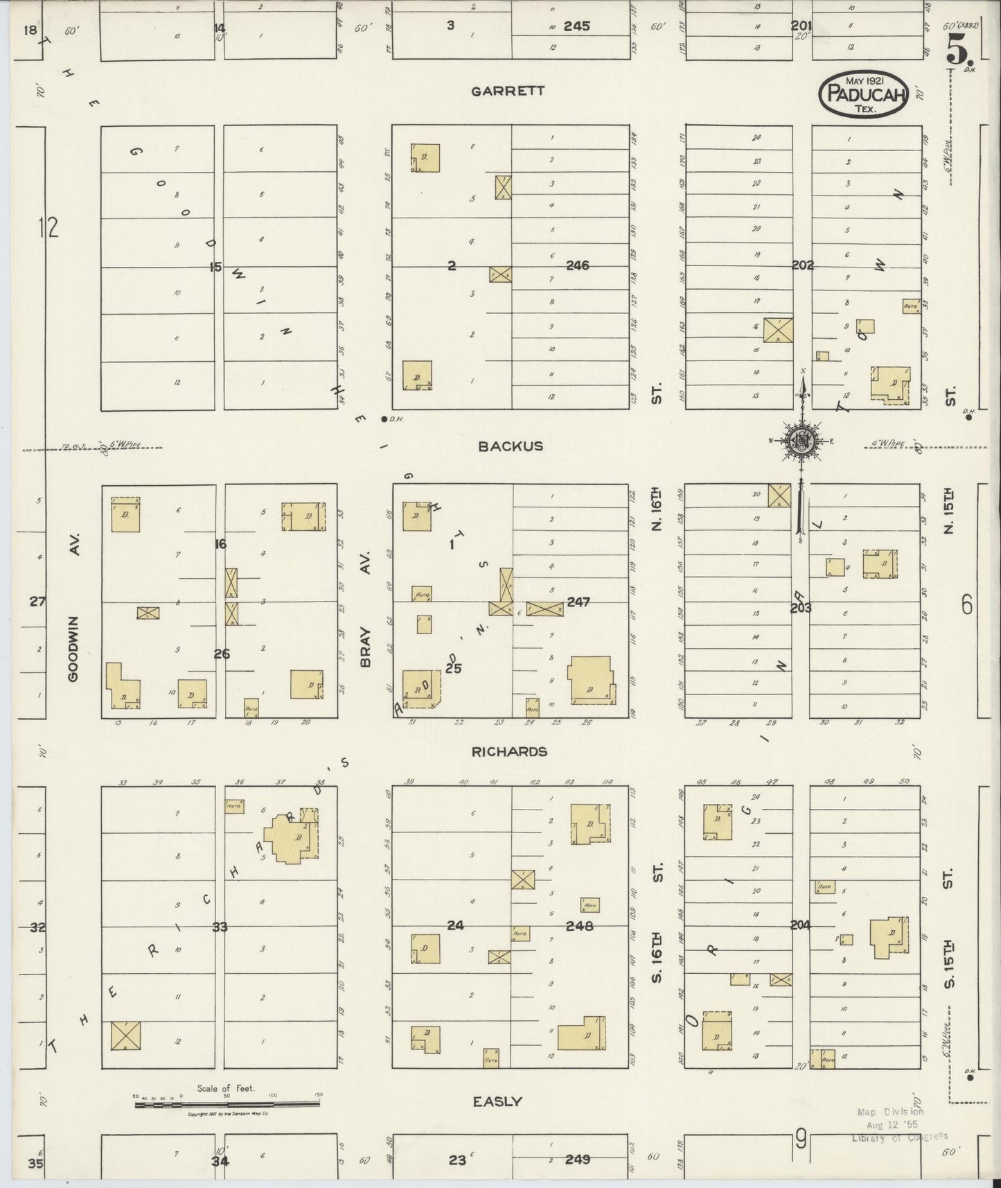 Sanborn Fire Insurance Map from Paducah, Cottle County, Texas (1921), Sheet #0005 - Complete Map Set gallery image, historic Sanborn map, vintage wall art, Texas Texas