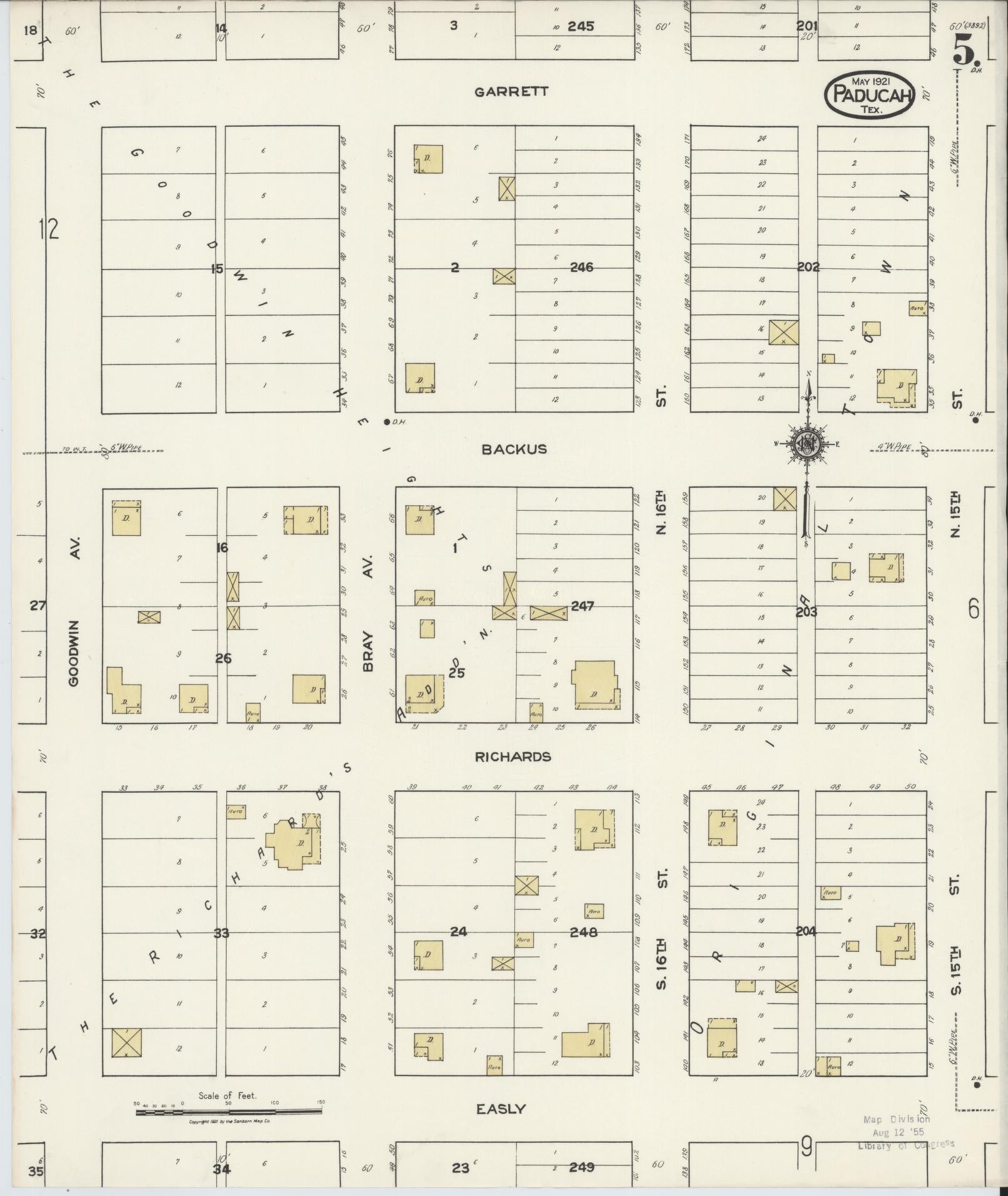 Sanborn Fire Insurance Map from Paducah, Cottle County, Texas (1921), Sheet #0005 - Complete Map Set gallery image, historic Sanborn map, vintage wall art, Texas Texas