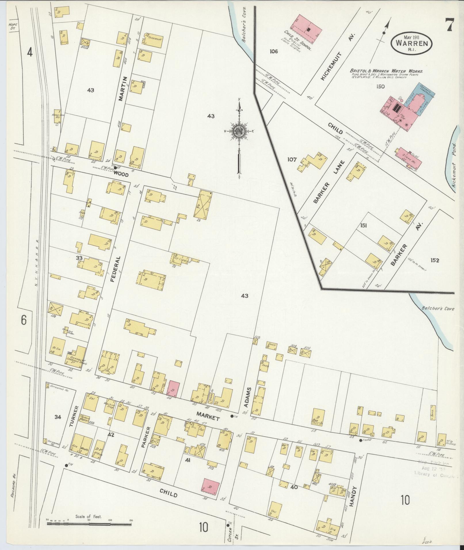 Sanborn Fire Insurance Map from Warren, Bristol County, Rhode Island (1911), Sheet #0007 - Historic Sanborn Fire Insurance Map Print, vintage old map wall art, antique decor, genealogy gift, Rhode Island Rhode Island map