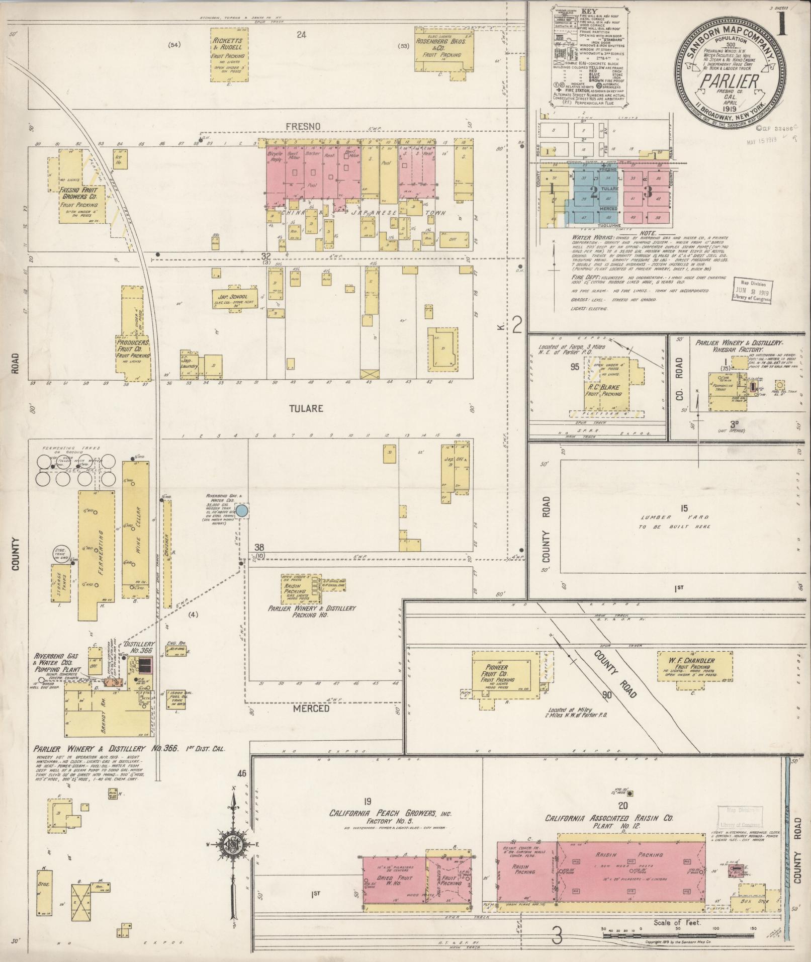 Sanborn Fire Insurance Map from Parlier, Fresno County, California (1919), Sheet #0001 - Complete Map Set gallery image, historic Sanborn map, vintage wall art, California California