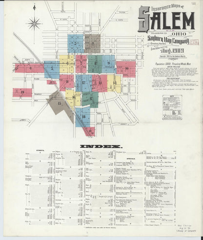 Sanborn Fire Insurance Map from Salem, Columbiana County, Ohio (1909), Sheet #0001 - Historic Sanborn Fire Insurance Map Print, vintage old map wall art, antique decor, genealogy gift, Ohio Ohio map