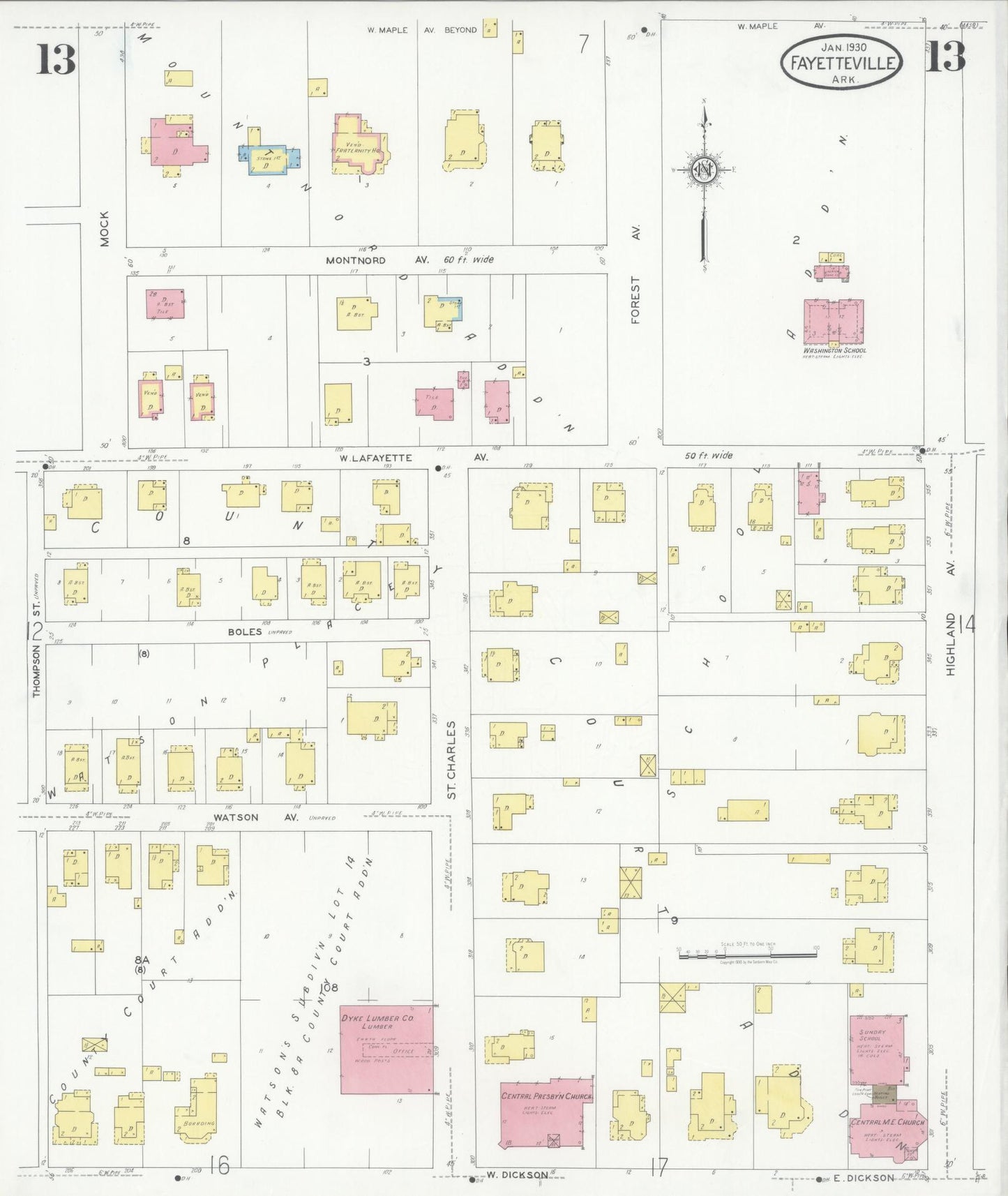 Sanborn Fire Insurance Map from Fayetteville, Washington County, Arkansas (1930), Sheet #0013 - Historic Sanborn Fire Insurance Map Print, vintage old map wall art, antique decor, genealogy gift, Arkansas Arkansas map