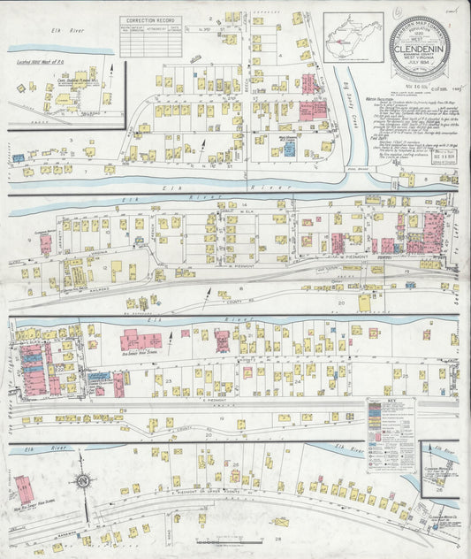 Sanborn Fire Insurance Map from Clendenin, Kanawha County, West Virginia (1934), Sheet #0001 - Historic Sanborn Fire Insurance Map Print, vintage old map wall art, antique decor, genealogy gift, West Virginia West Virginia map