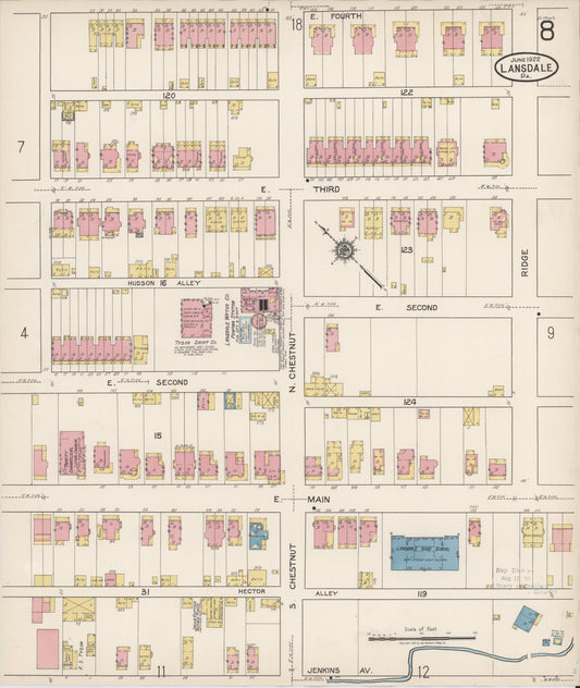 Sanborn Fire Insurance Map from Lansdale, Montgomery County, Pennsylvania (1922), Sheet #0008 - Historic Sanborn Fire Insurance Map Print, vintage old map wall art, antique decor, genealogy gift, Pennsylvania Pennsylvania map