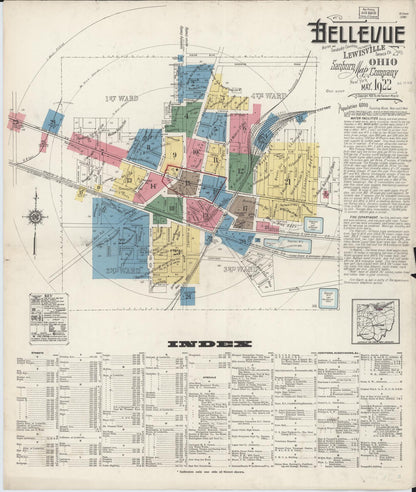 Sanborn Fire Insurance Map from Bellevue, Huron And Sandusky County, Ohio (1922), Sheet #0001 - Historic Sanborn Fire Insurance Map Print, vintage old map wall art, antique decor, genealogy gift, Ohio Ohio map