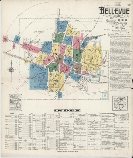 Sanborn Fire Insurance Map from Bellevue, Huron And Sandusky County, Ohio (1922), Sheet #0001 - Historic Sanborn Fire Insurance Map Print, vintage old map wall art, antique decor, genealogy gift, Ohio Ohio map