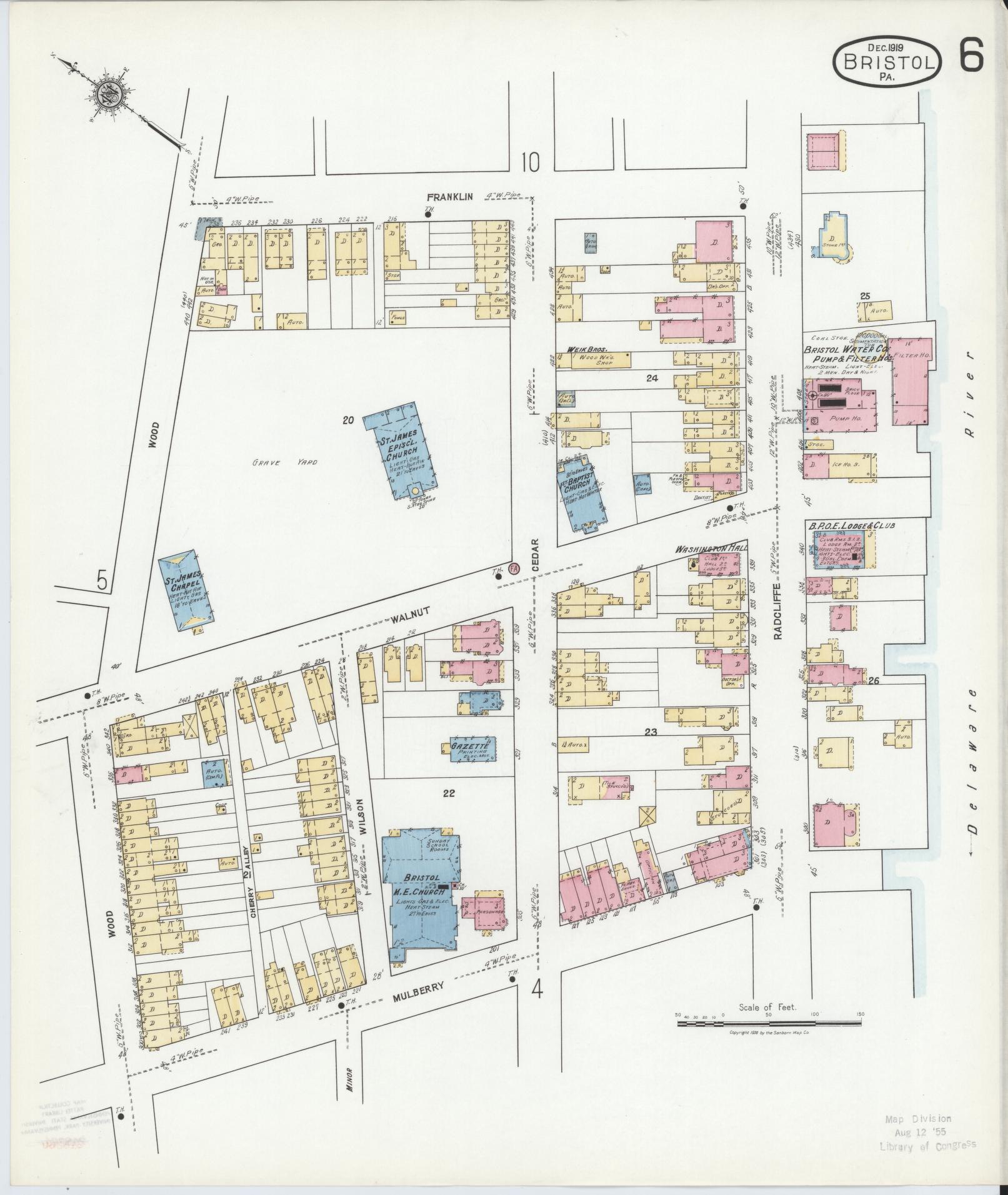 Sanborn Fire Insurance Map from Bristol, Bucks County, Pennsylvania (1927), Sheet #0006 - Historic Sanborn Fire Insurance Map Print, vintage old map wall art, antique decor, genealogy gift, Pennsylvania Pennsylvania map