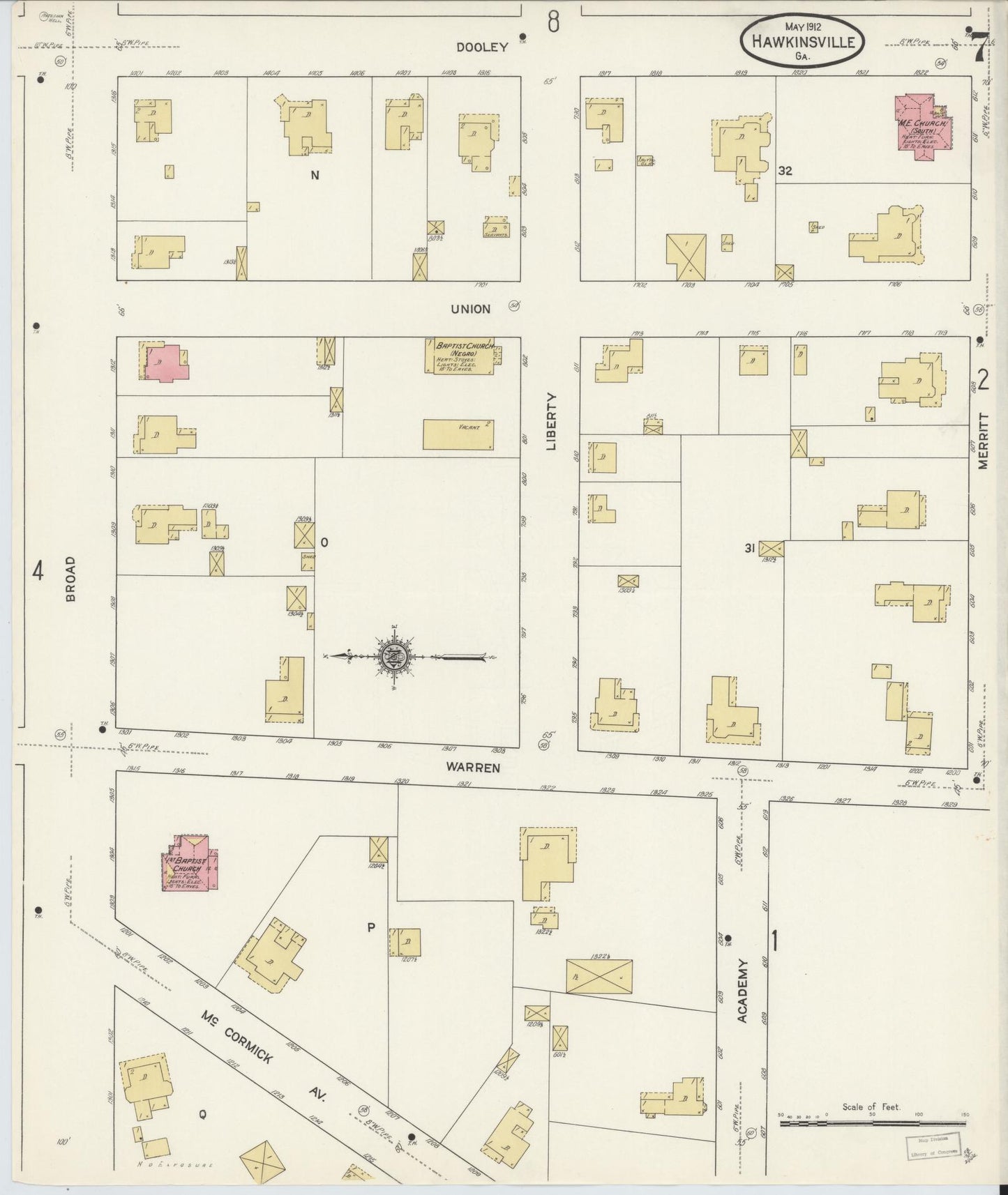 Sanborn Fire Insurance Map from Hawkinsville, Pulaski County, Georgia (1912), Sheet #0007 - Complete Map Set gallery image, historic Sanborn map, vintage wall art, Georgia Georgia