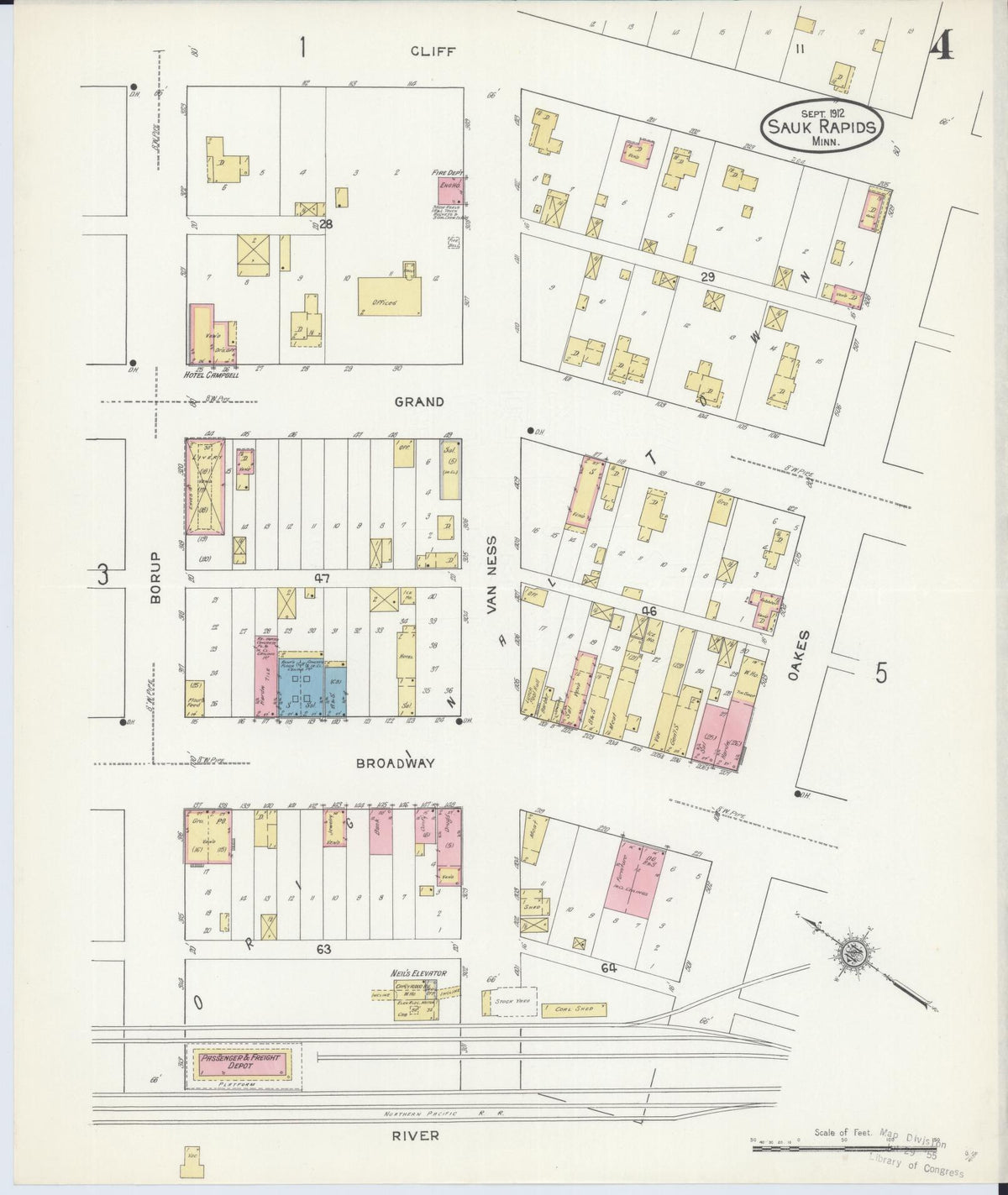 Sanborn Fire Insurance Map from Sauk Rapids, Benton County, Minnesota (1912), Sheet #0004 - Historic Sanborn Fire Insurance Map Print, vintage old map wall art, antique decor, genealogy gift, Minnesota Minnesota map