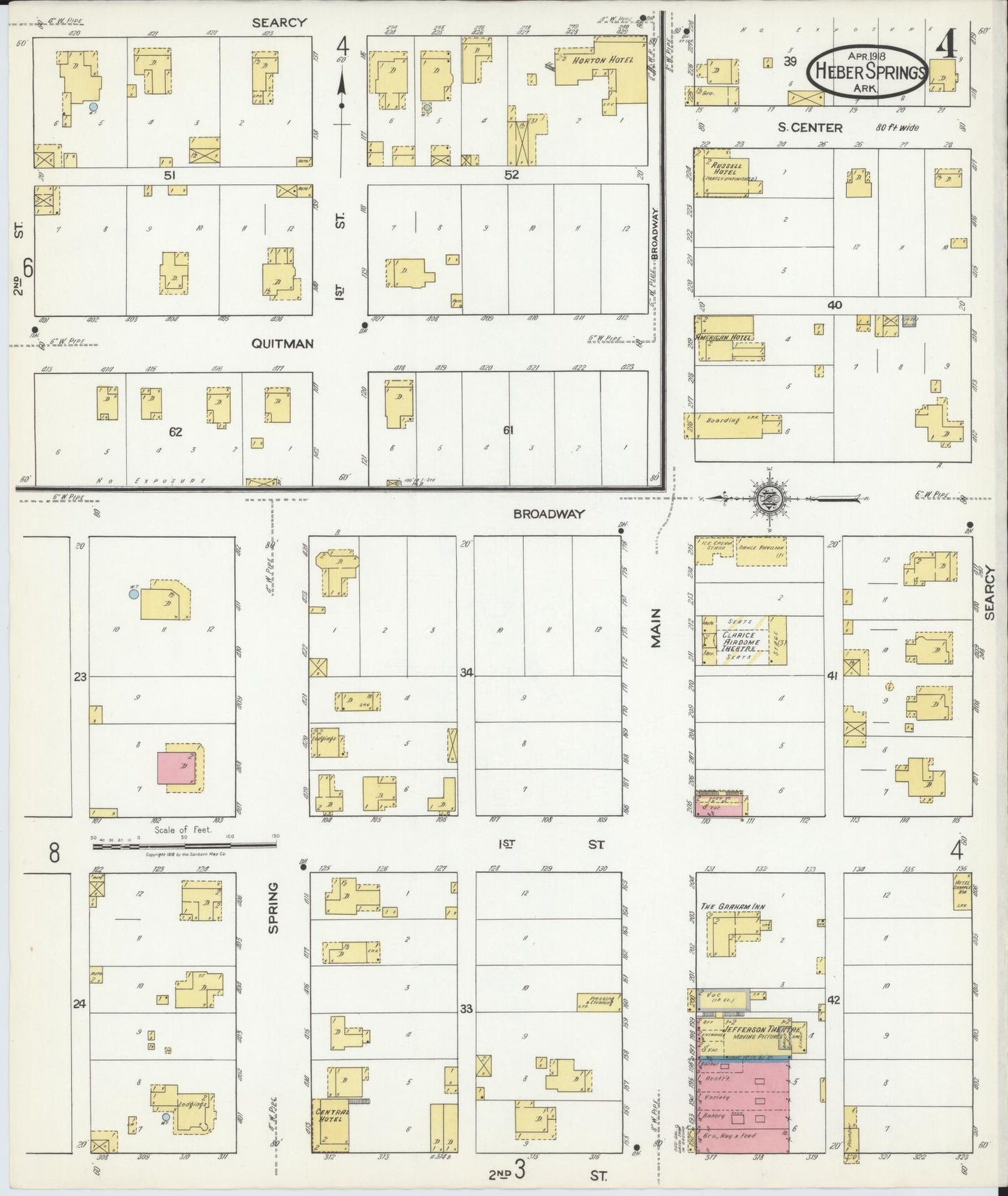 Sanborn Fire Insurance Map from Heber Springs, Cleburne County, Arkansas (1918), Sheet #0004 - Historic Sanborn Fire Insurance Map Print, vintage old map wall art, antique decor, genealogy gift, Arkansas Arkansas map