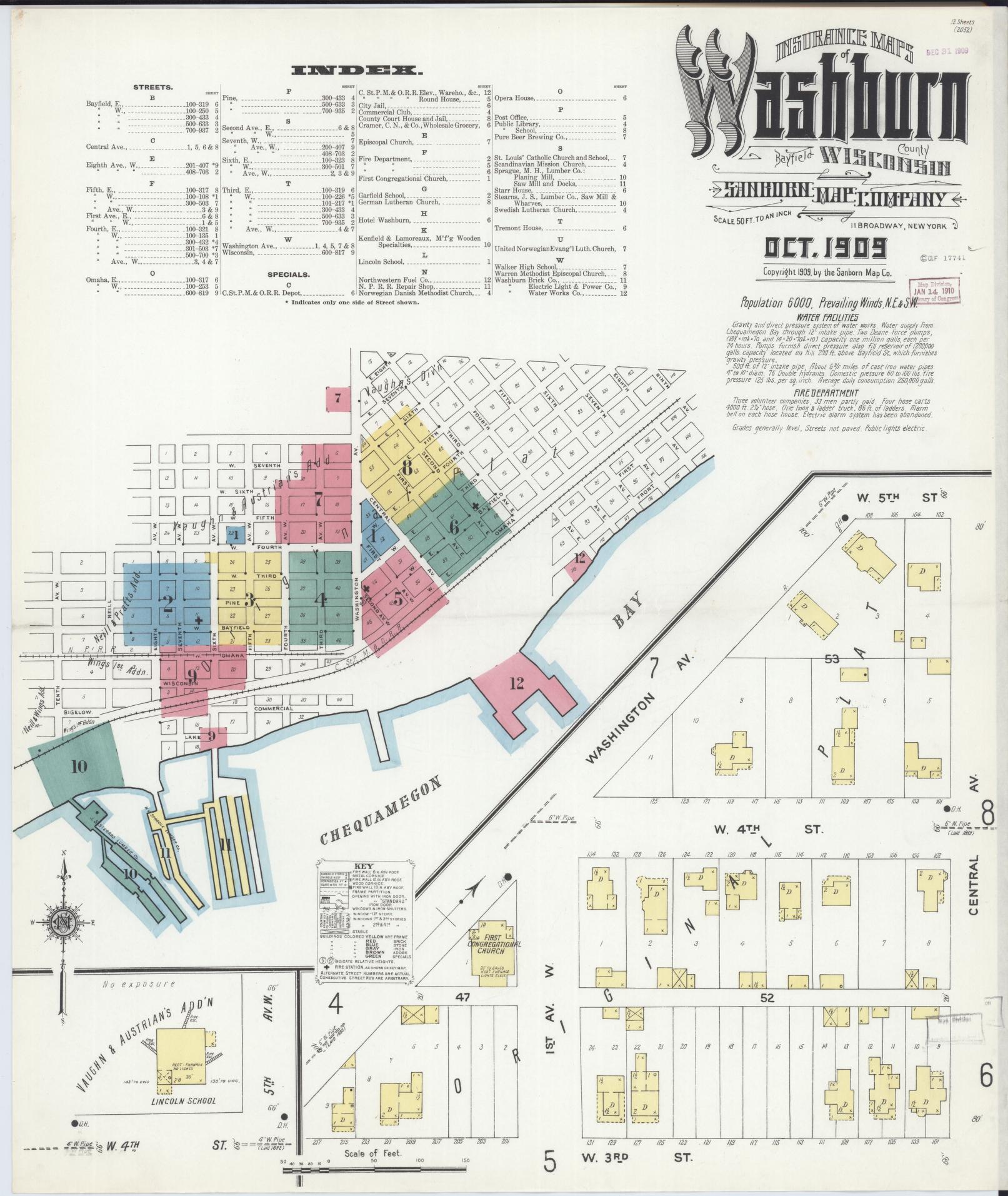 Sanborn Fire Insurance Map from Washburn, Bayfield County, Wisconsin (1909), Sheet #0001 - Complete Map Set gallery image, historic Sanborn map, vintage wall art, Wisconsin Wisconsin