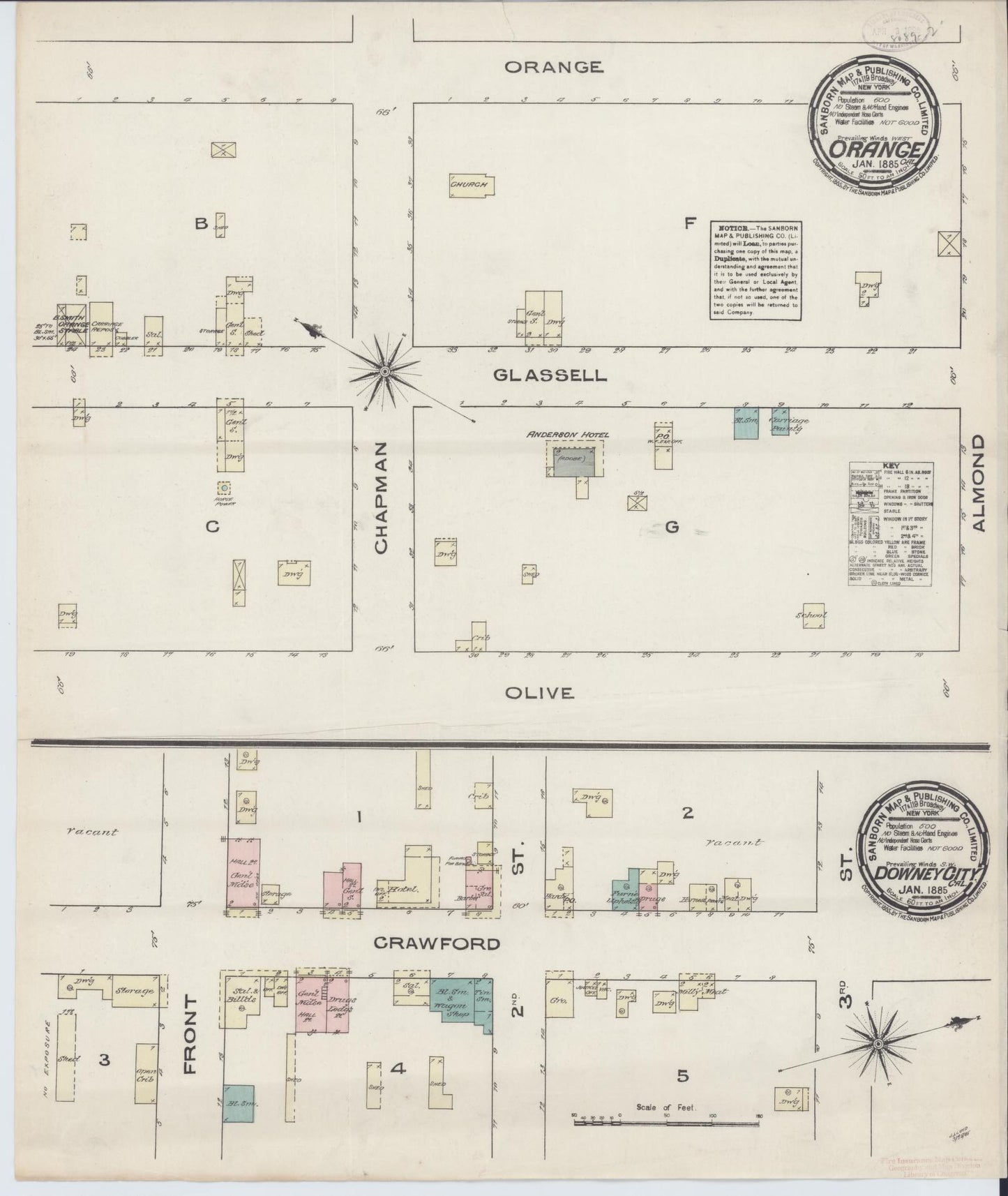 Sanborn Fire Insurance Map from Orange, Orange County, California (1885), Sheet #0001 - Historic Sanborn Fire Insurance Map Print, vintage old map wall art, antique decor, genealogy gift, California California map